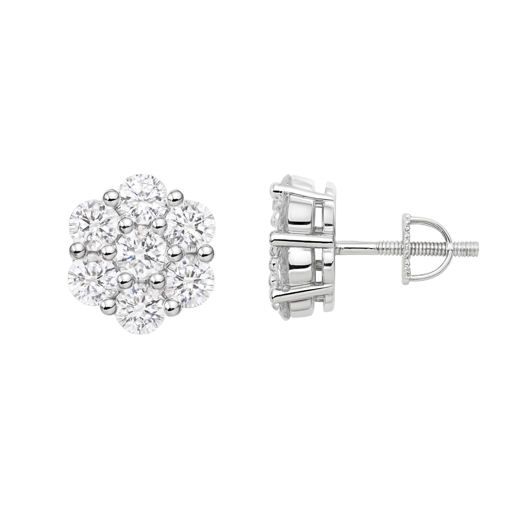 Moissanite stud earrings with VVS D-color stones in 925 sterling silver flower cluster setting, screw back, 6-10mm size options