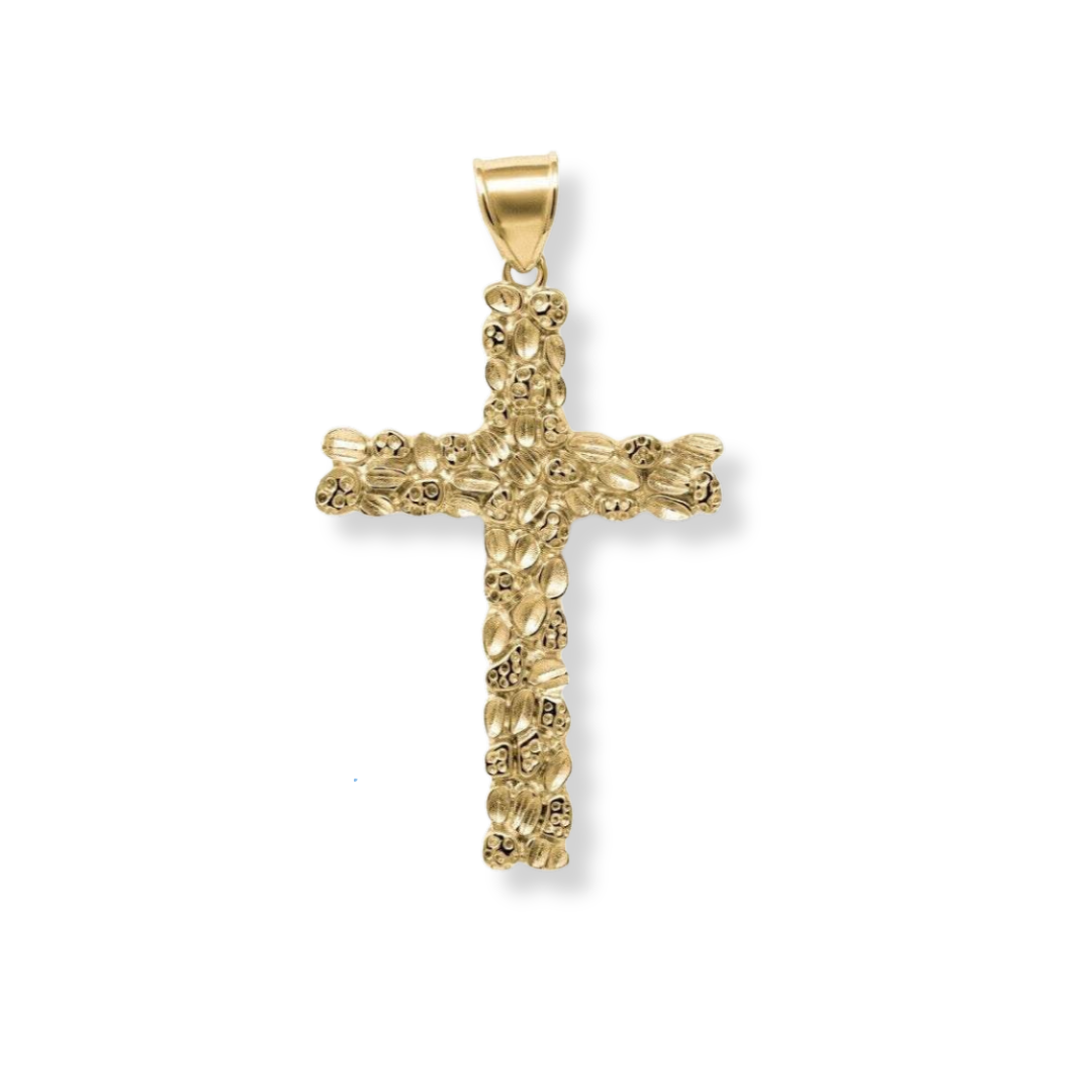 Gold Nugget Cross pendant in 14K gold plated 925 sterling silver with textured nugget design