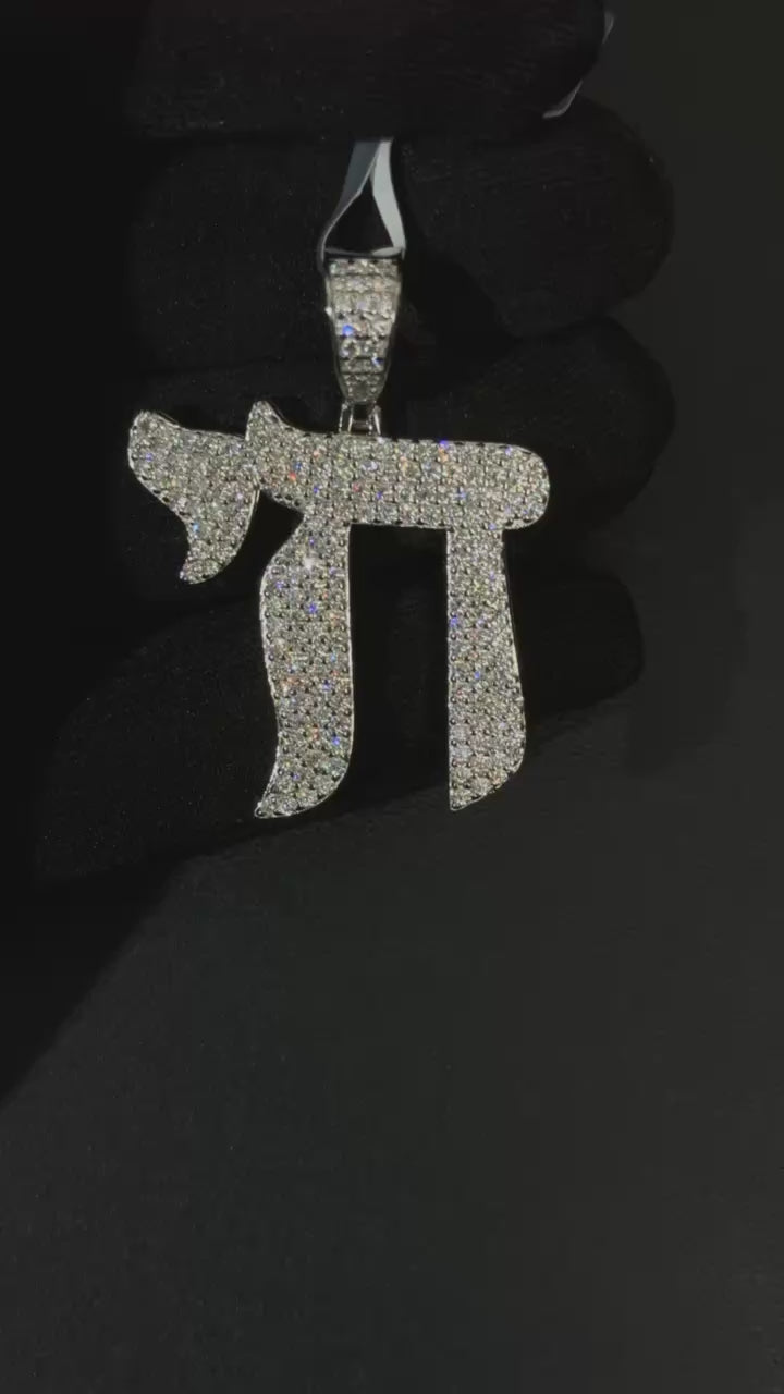 Load video: Moissanite Chai Pendant Solid 925 Sterling Silver Religious 2.6 TCW Unisex
