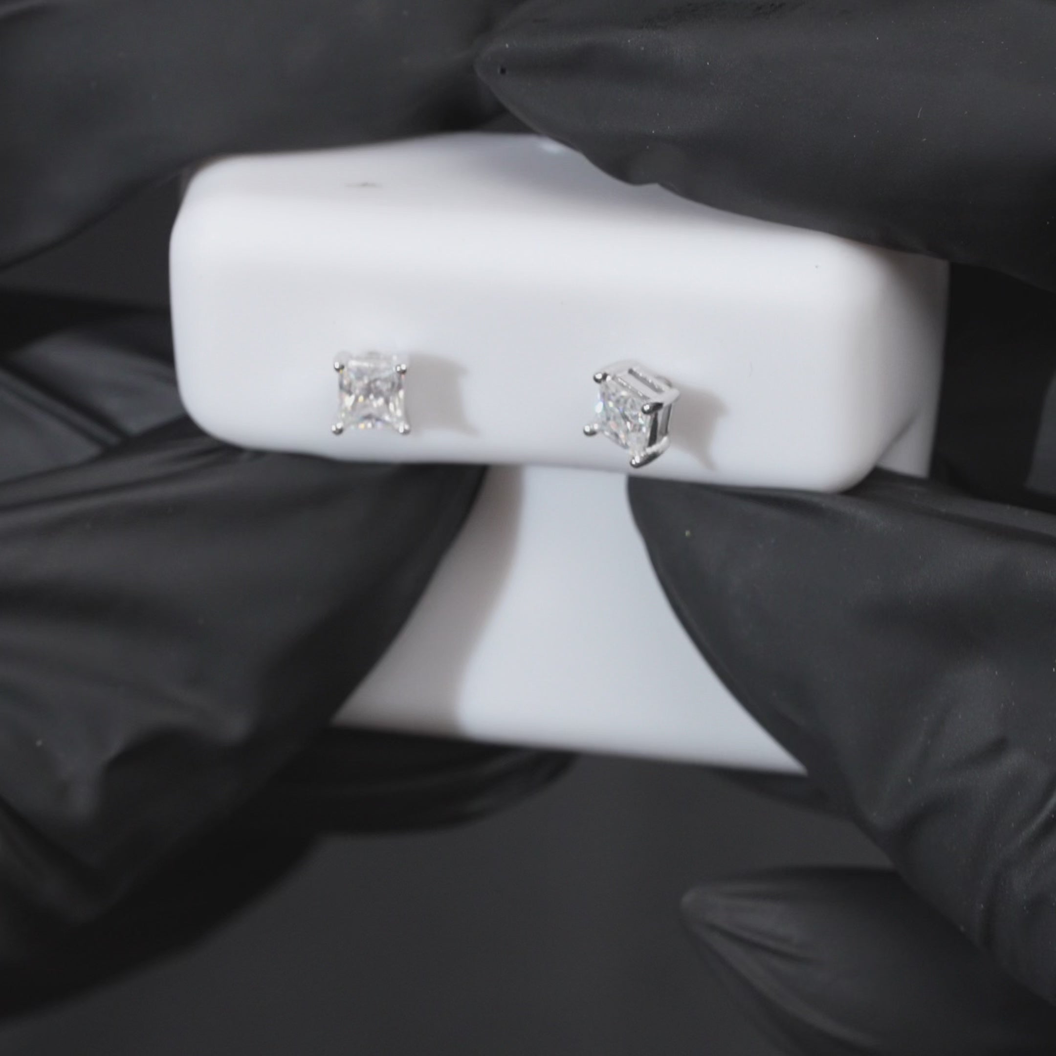 Load video: Moissanite 0.35 TCW Princess Cut Square Stud Earrings 925 Sterling Silver Screw Back
