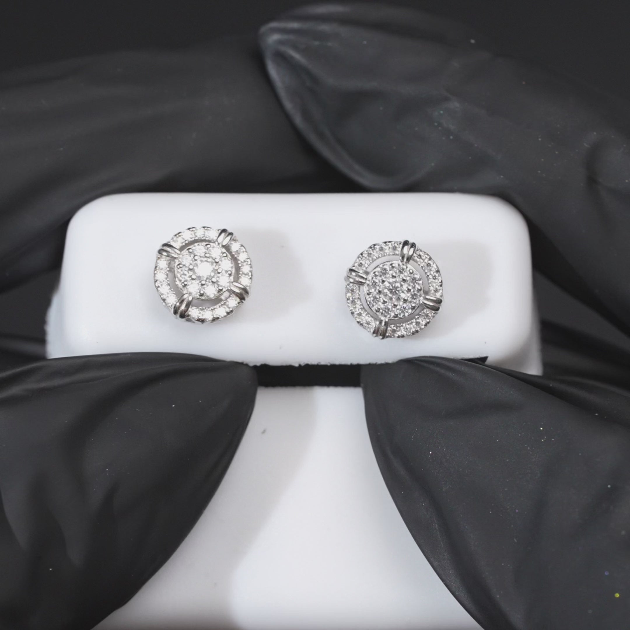 Load video: Moissanite Round Halo Stud Earrings 925 Sterling Silver Screw Back