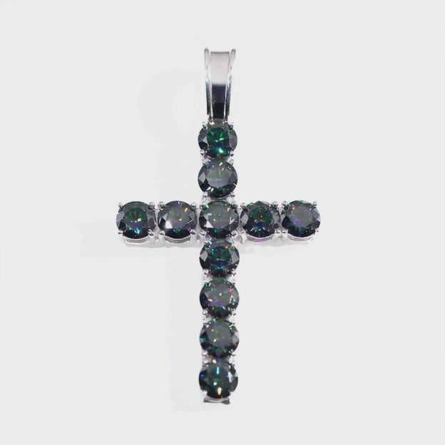 Load video: Moissanite Tennis Cross Pendant Mystic Green in 925 Sterling Silver