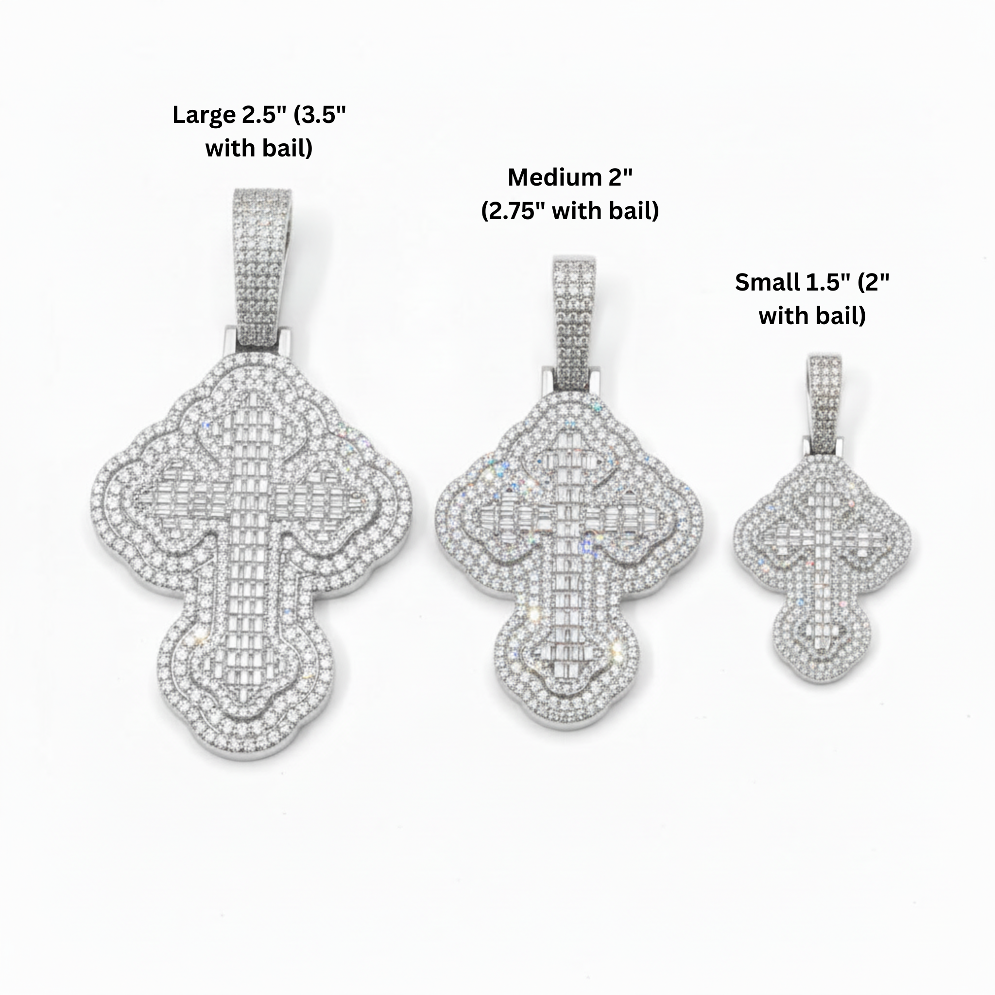 Moissanite Iced Round Baugette Cross Pendant 925 Sterling Silver - 3 sizes