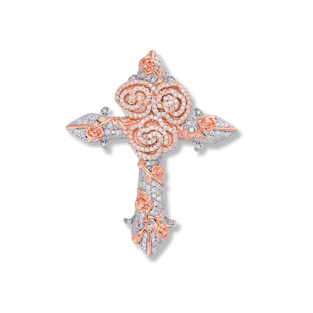 Rose Thorns Moissanite cross pendant in 925 sterling silver with rhodium and rose gold plating, adorned with VVS1 clarity moissanite stones.