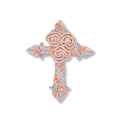 Rose Thorns Moissanite cross pendant in 925 sterling silver with rhodium and rose gold plating, adorned with VVS1 clarity moissanite stones.