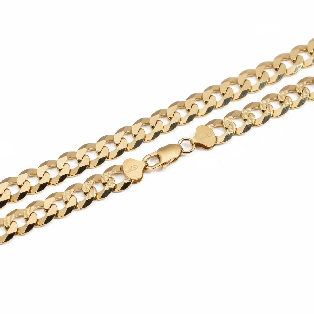 14K Gold Flat Miami Cuban Curb Link Chain Diamond Cut in 925 Sterling Silver