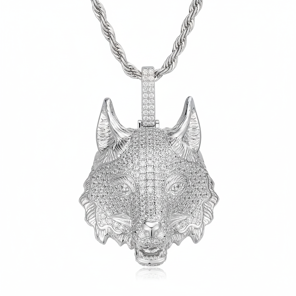 Moissanite Wolf Head Pendant 925 Sterling Silver