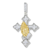 Two tone praying hands cross pendant in 925 sterling silver with rhodium and 14K gold plating and moissanite stones