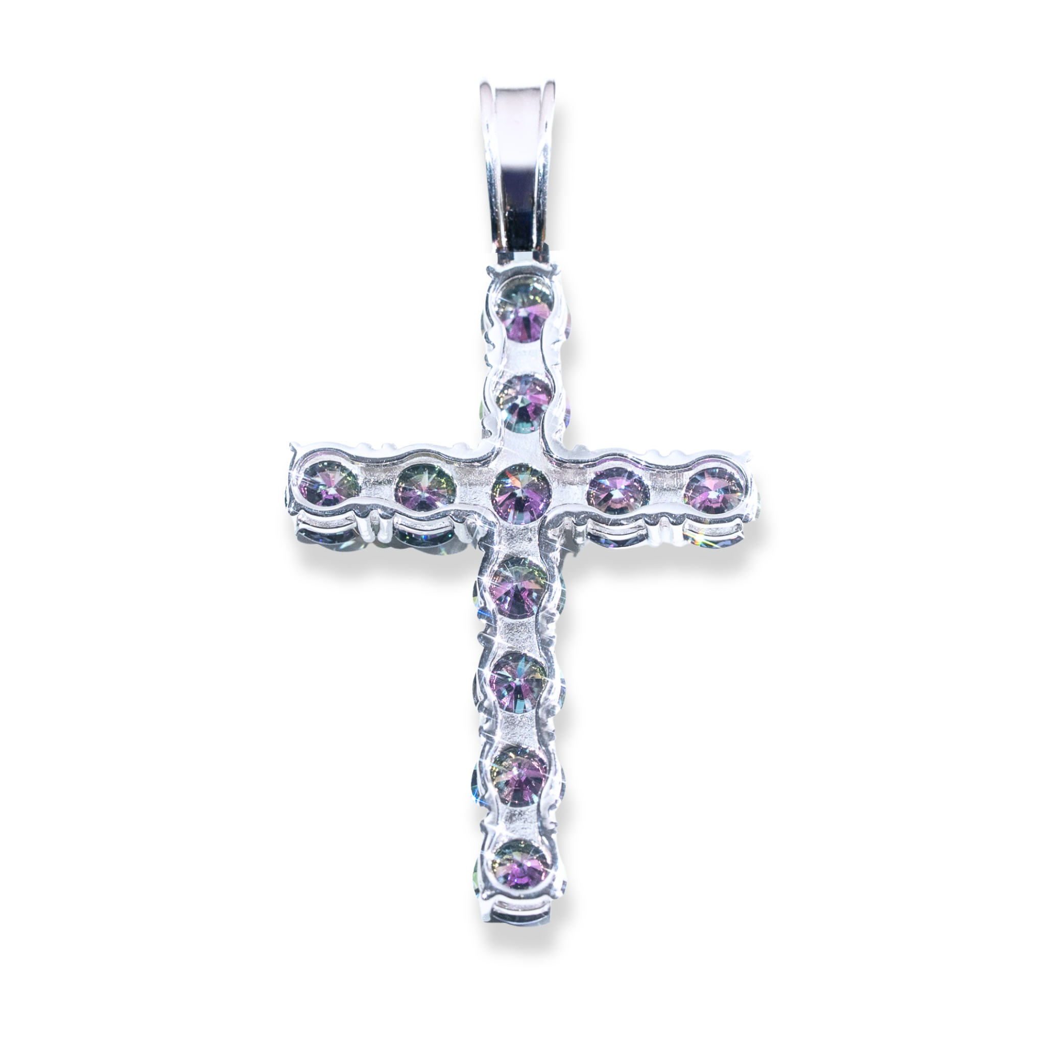 Moissanite Tennis Cross Pendant Mystic Green in 925 Sterling Silver