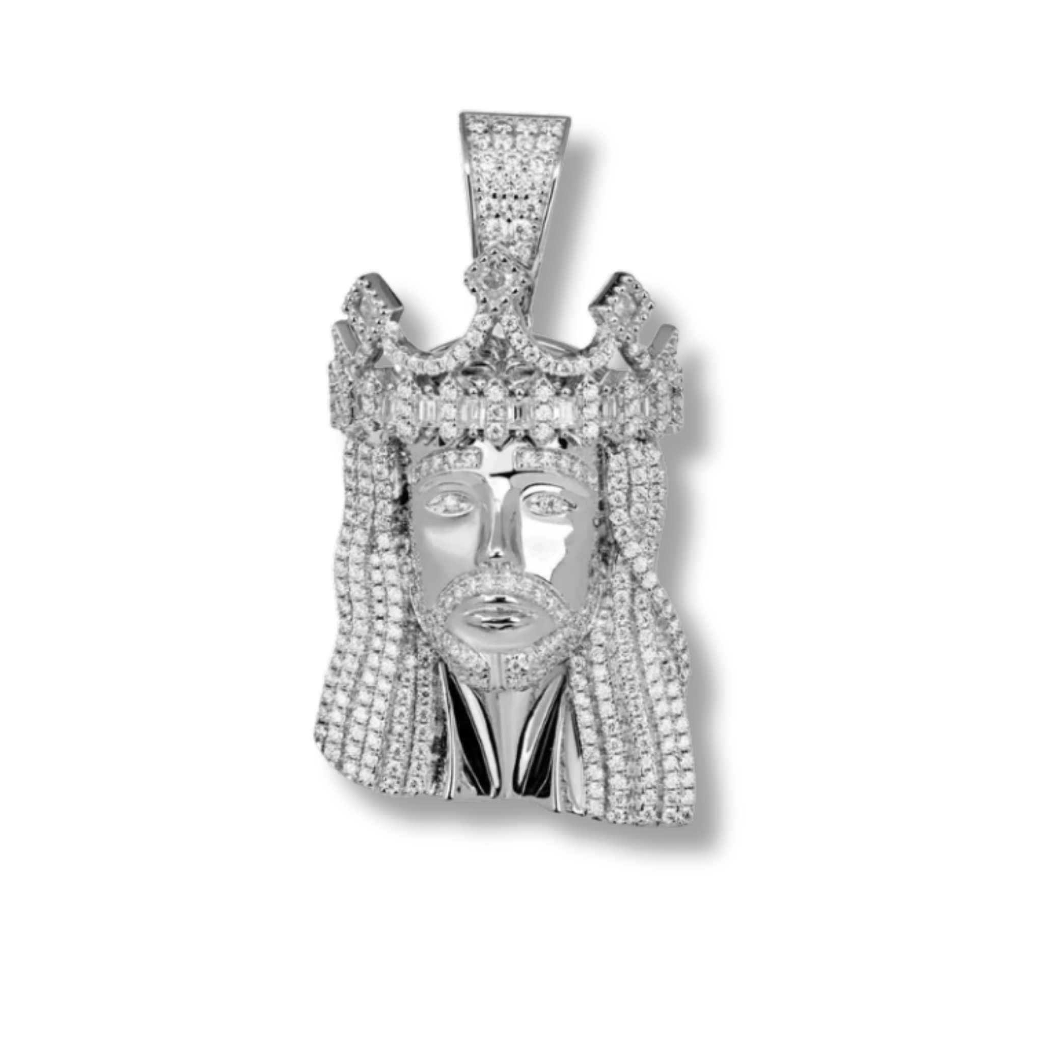 Moissanite iced king crown Jesus head pendant in 925 sterling silver with VVS1 D-grade stones