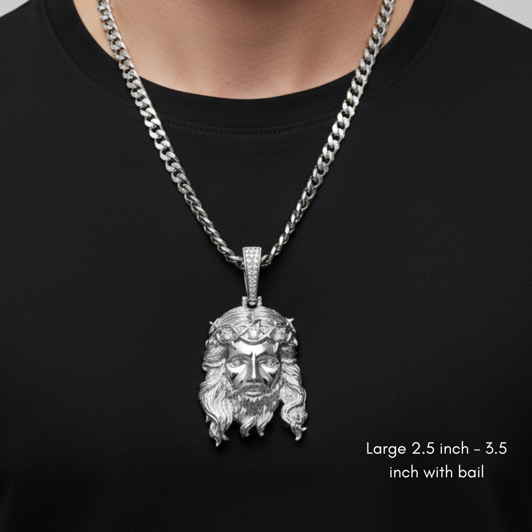 Moissanite Jesus Piece Pendant 925 Sterling Silver Glossy Finish - Large Size