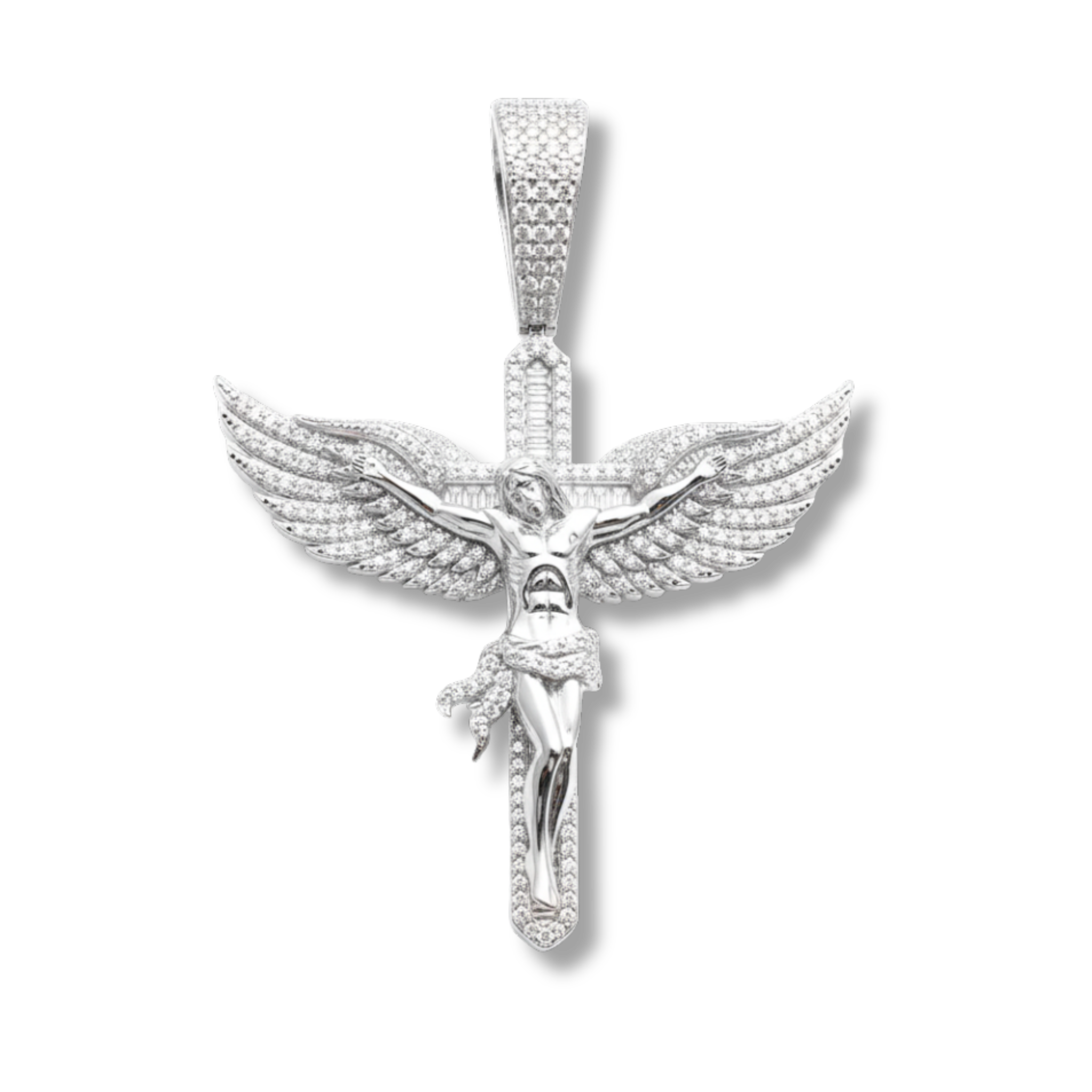 Moissanite Jesus Crucifix Cross Angel Wings Pendant 925 Sterling Silver