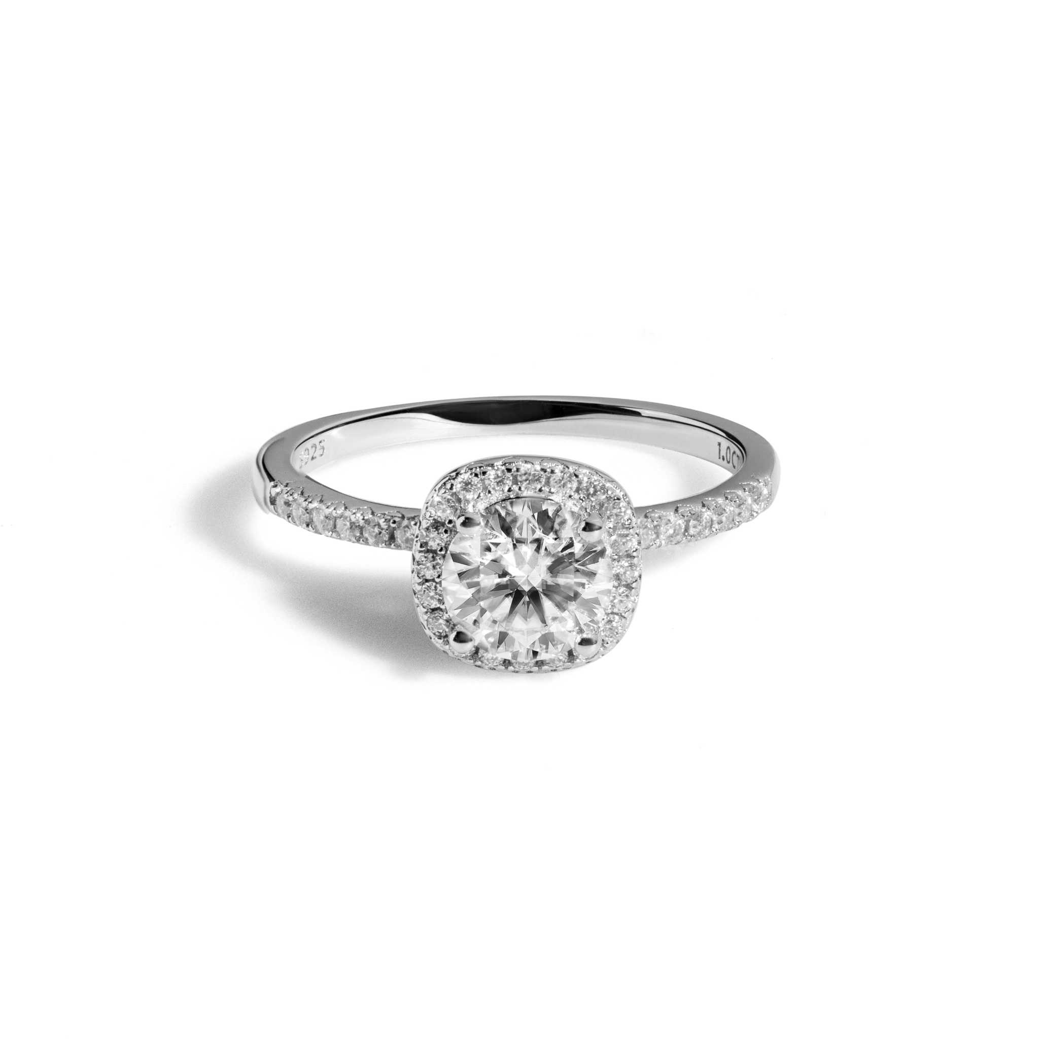 Moissanite Halo Women Ring in 925 Sterling Silver with 1.2ct total carat weight.