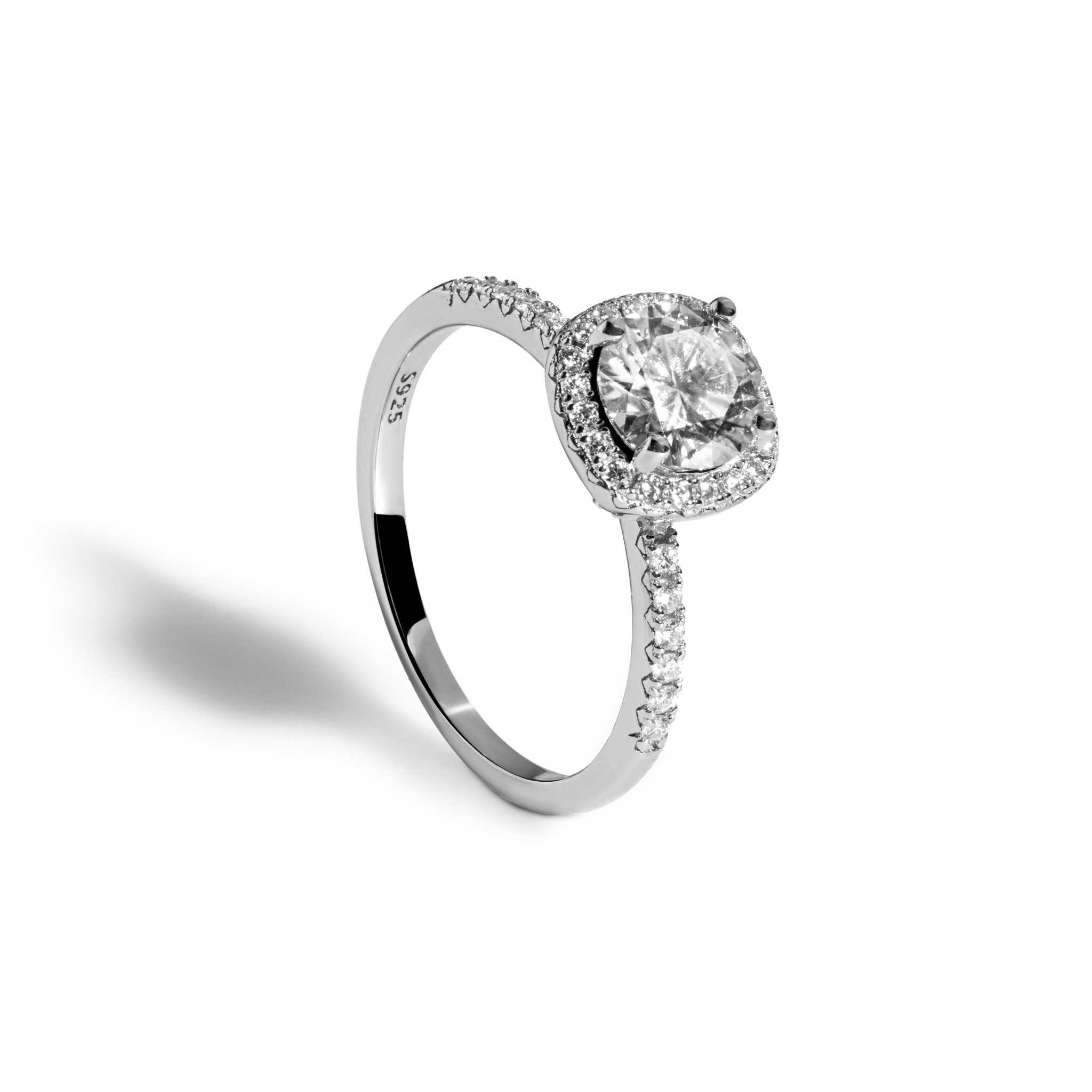 Moissanite halo women ring in 925 sterling silver with a 1ct round cut stone.