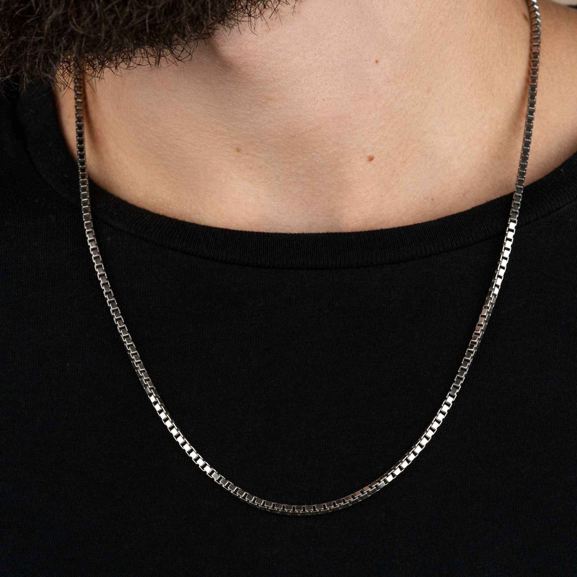 Solid 925 sterling silver box chain necklace with squared design, available in multiple lengths and widths.