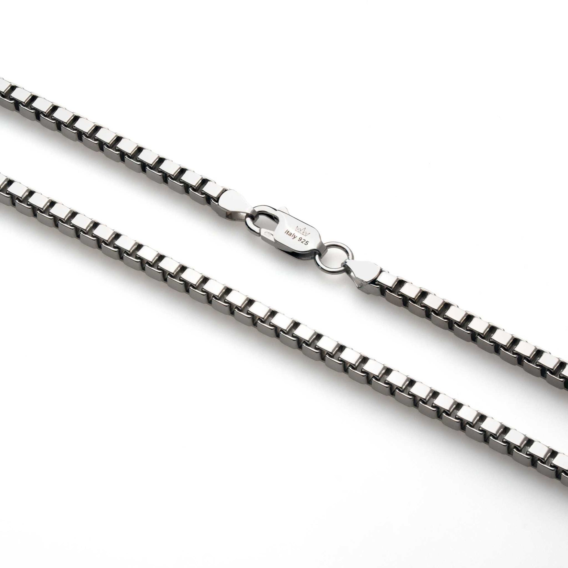 Solid 925 sterling silver box chain necklace with lobster claw closure, available in multiple lengths and widths.