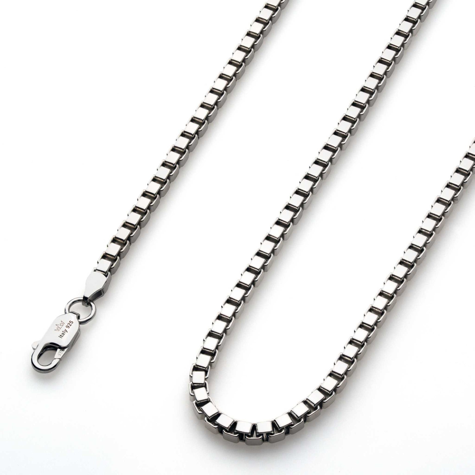 Sterling silver box chain necklace with lobster claw clasp.