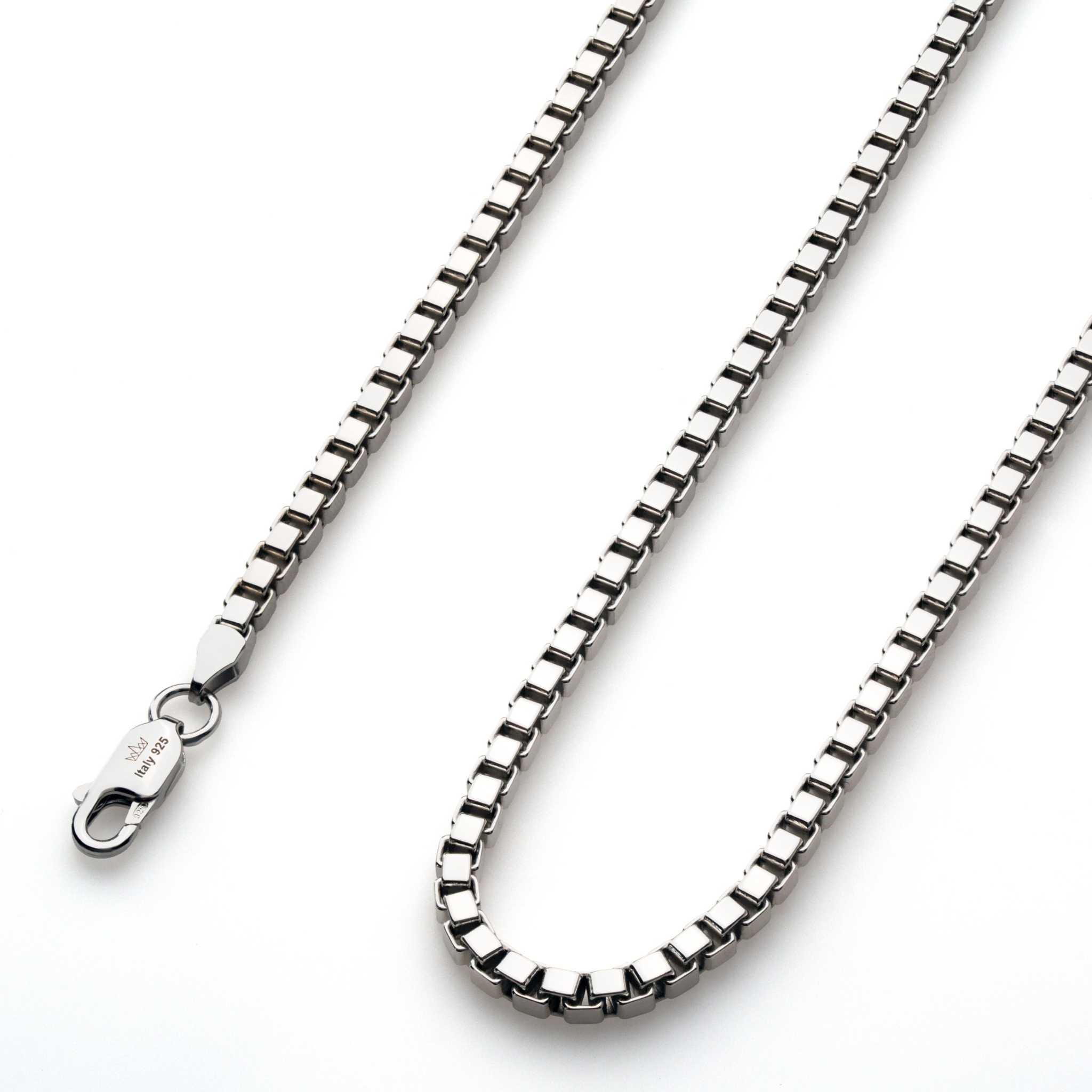 Sterling silver box chain necklace with lobster claw clasp.