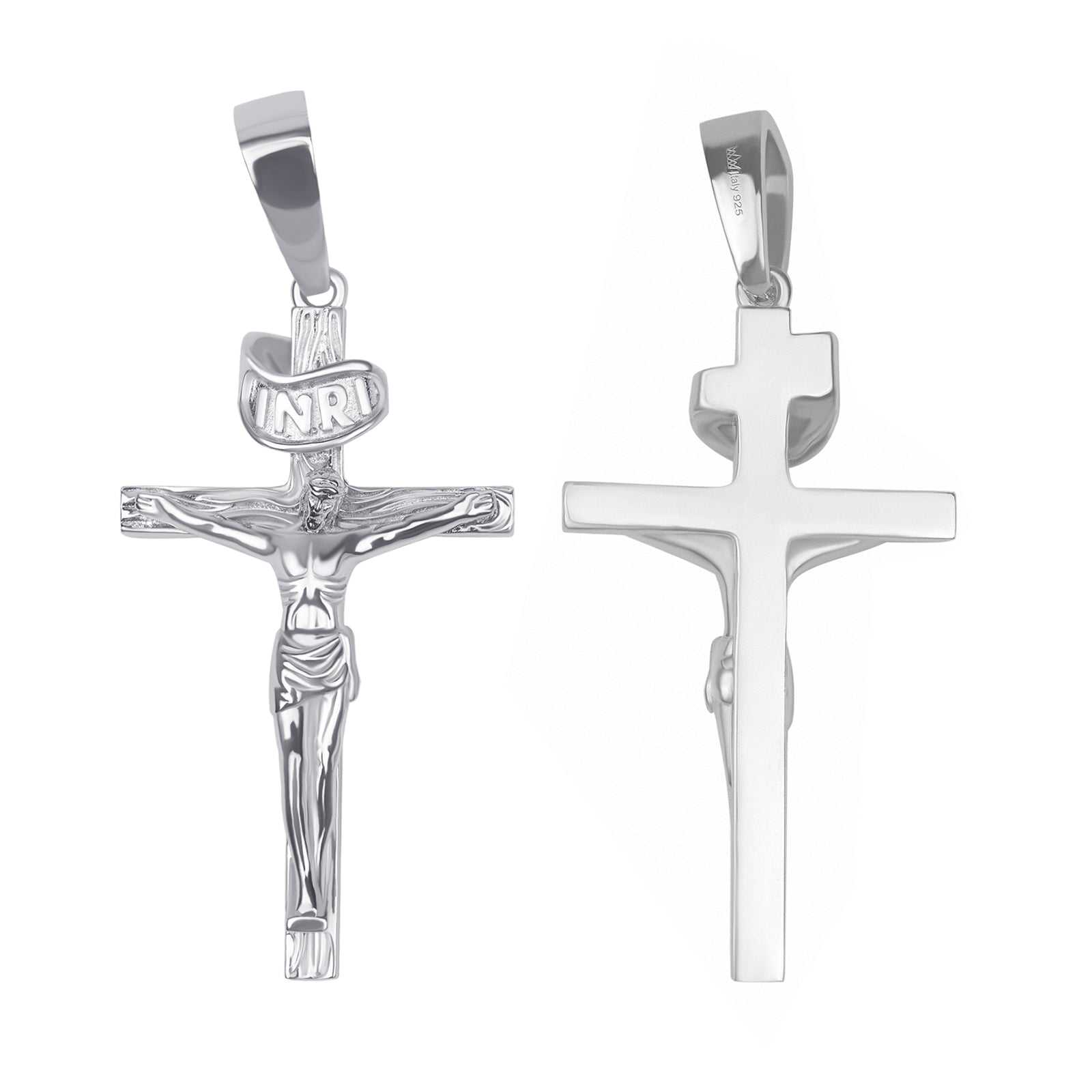 Solid 925 sterling silver Cross Jesus pendant with intricate design, available in small, medium, and large sizes.