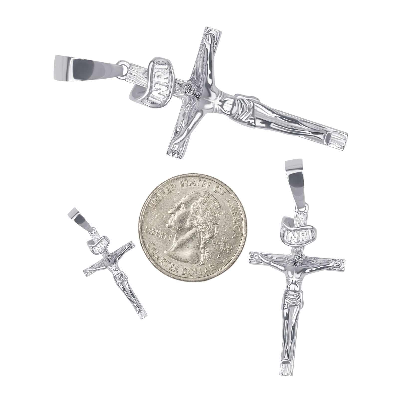 Solid 925 Sterling Silver Cross Jesus Pendant from Morf Jewelry next to a quarter for size comparison.