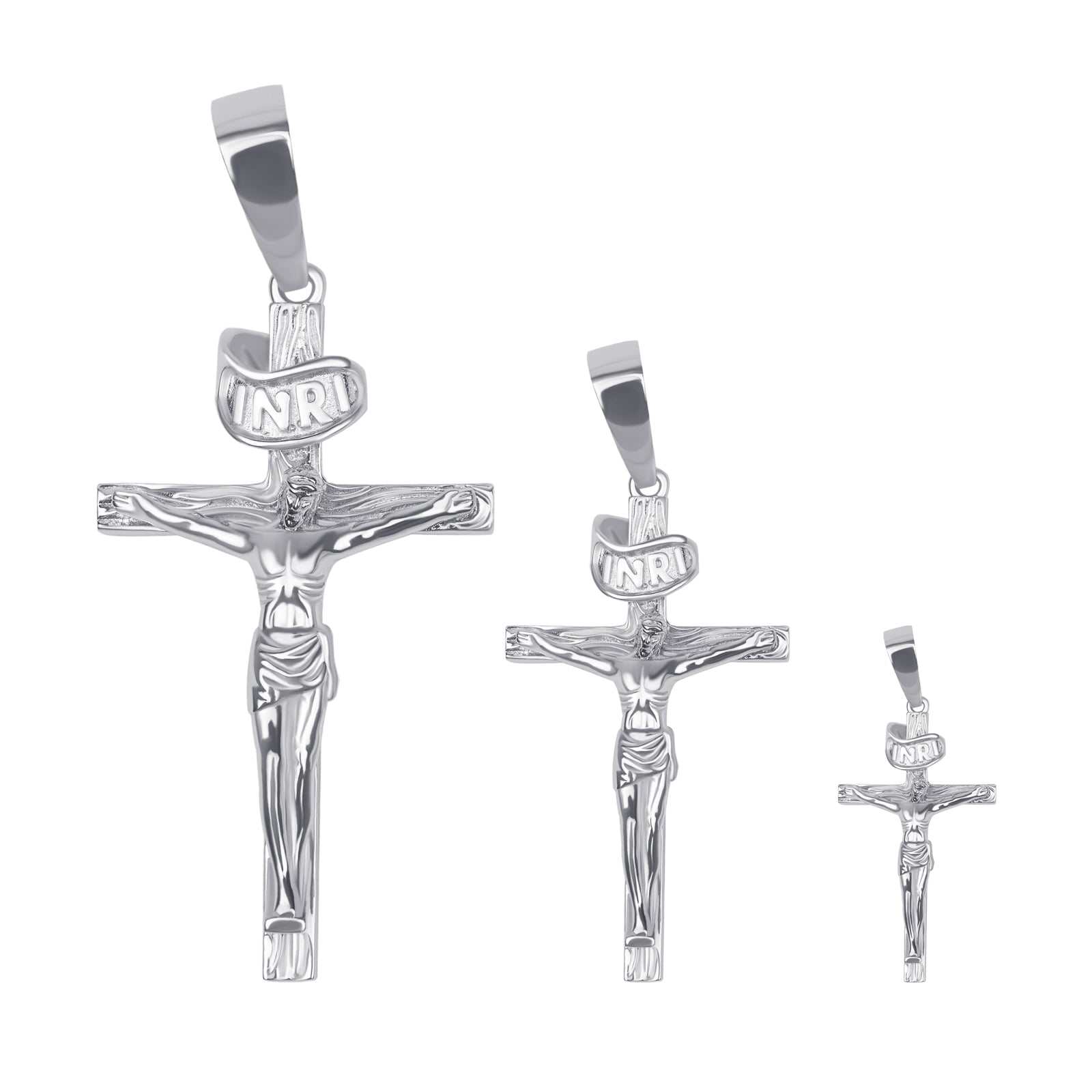 Sterling silver Cross Jesus Pendant in small, medium, and large sizes from Morf Jewelry.