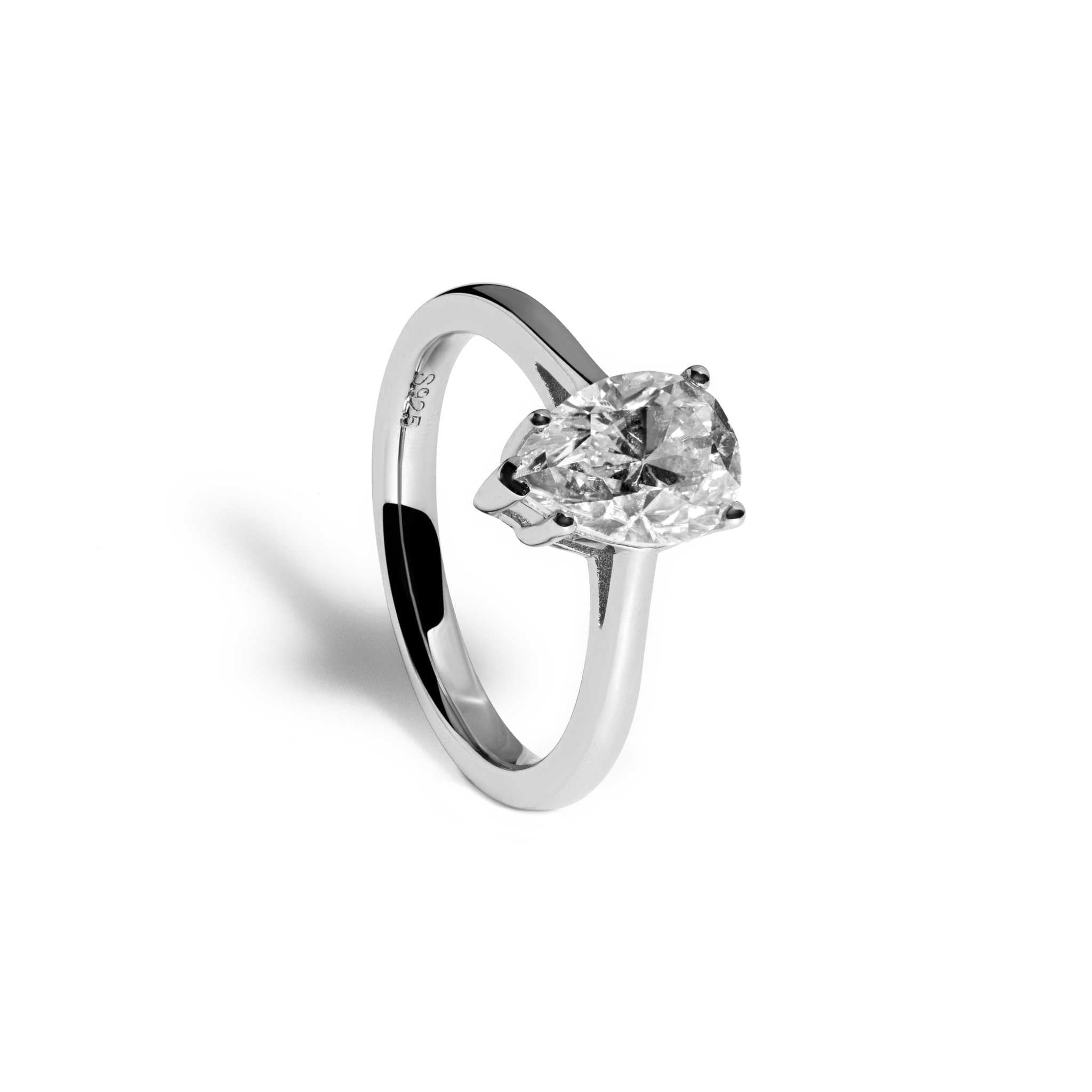 Diamond Tears Ring with pear-shaped moissanite on 925 sterling silver band.