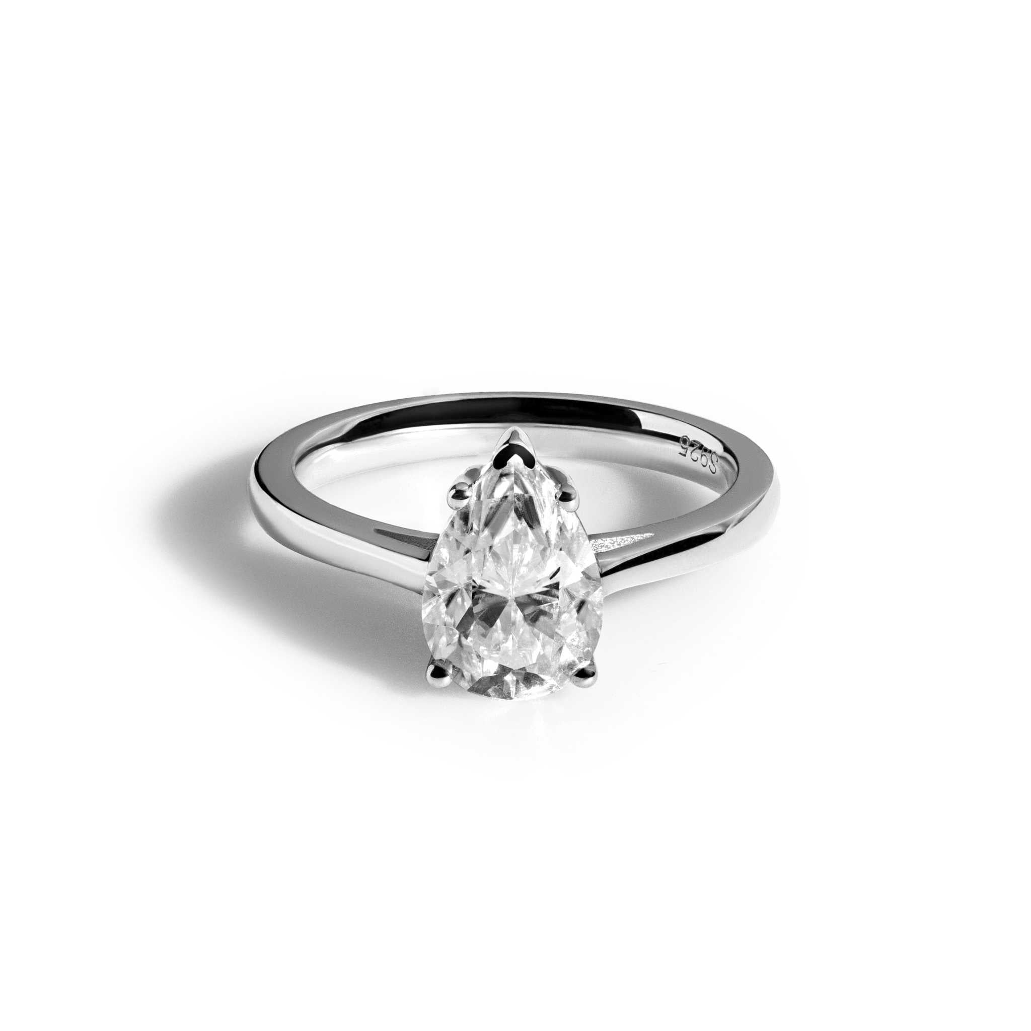 Pear-shaped moissanite ring in 925 sterling silver by Morf Jewelry.