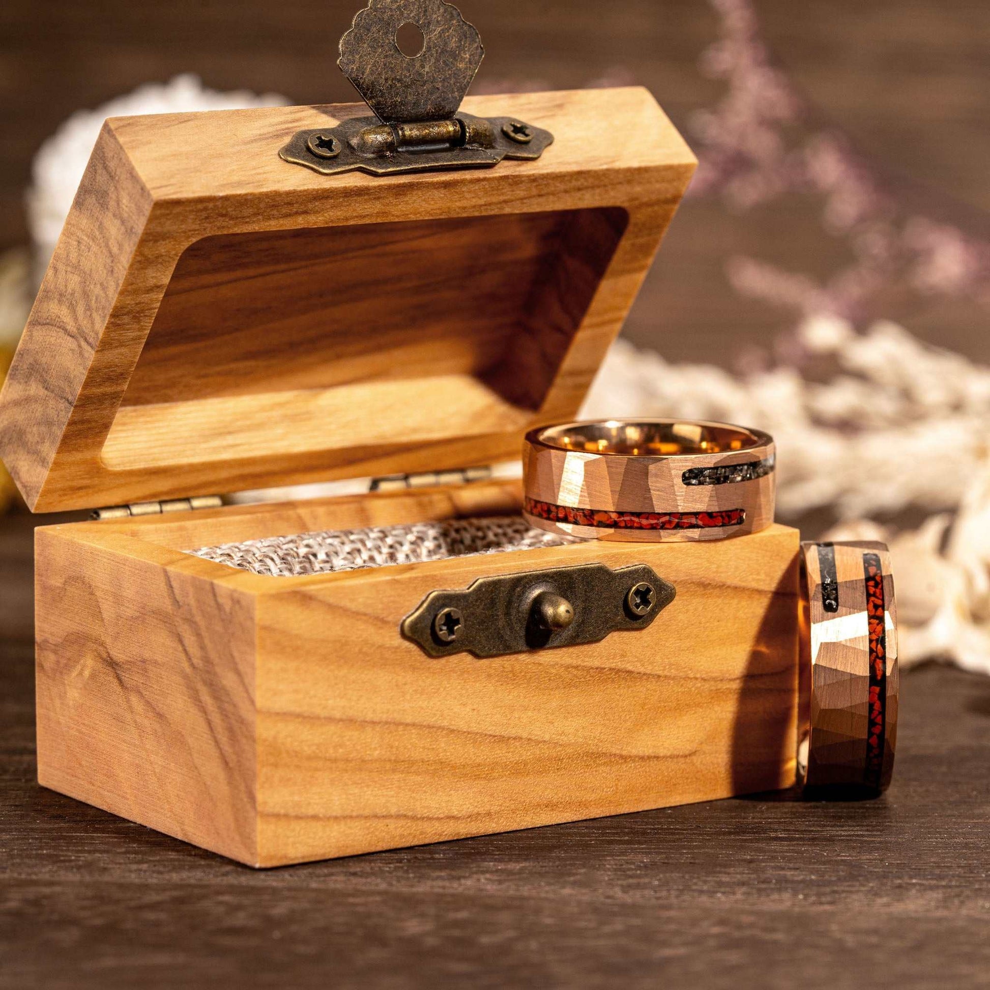 Dinosaur Bone & Meteorite Ring in wooden box, tungsten band with ancient materials, 8MM width.