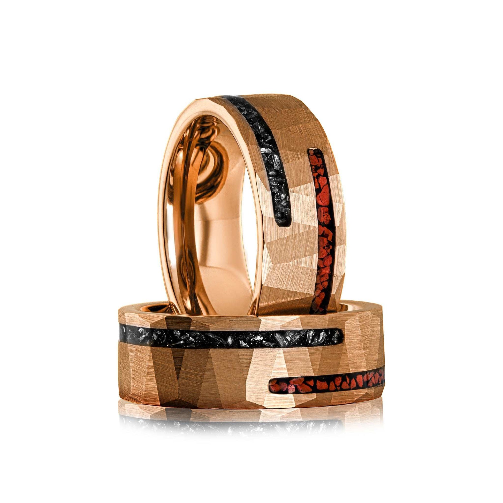Dinosaur bone and meteorite ring with tungsten band, 8MM width, featuring ancient Muonionalusta meteorite and dinosaur bone inlay.