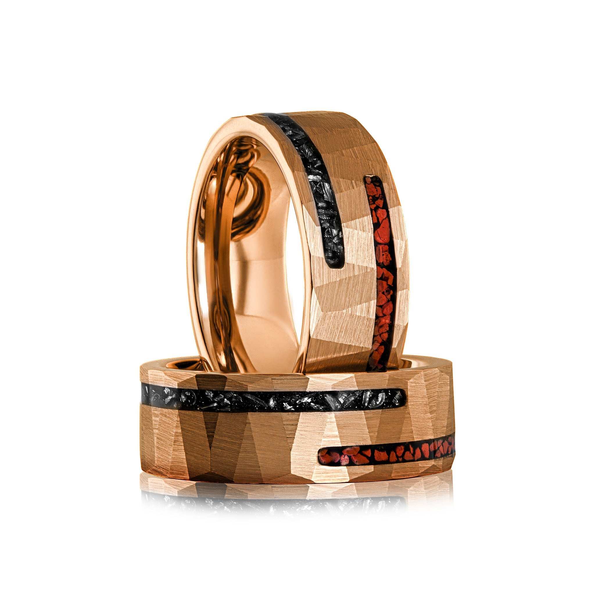 Dinosaur bone and meteorite ring with tungsten band, 8MM width, featuring ancient Muonionalusta meteorite and dinosaur bone inlay.