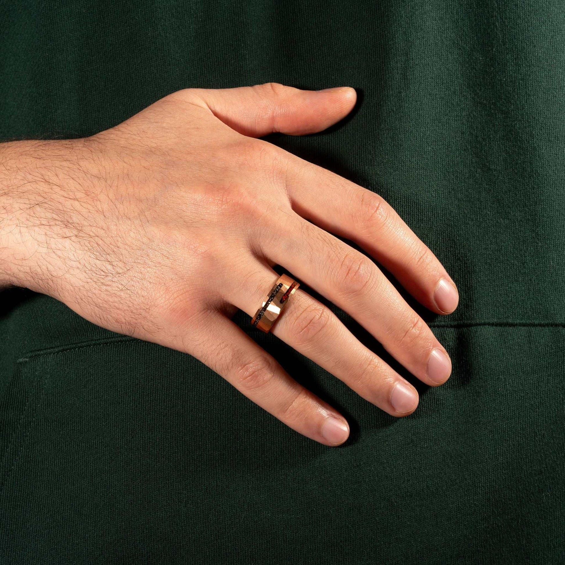 Dinosaur Bone & Meteorite Ring on hand, 8MM width, tungsten design, comfort fit.