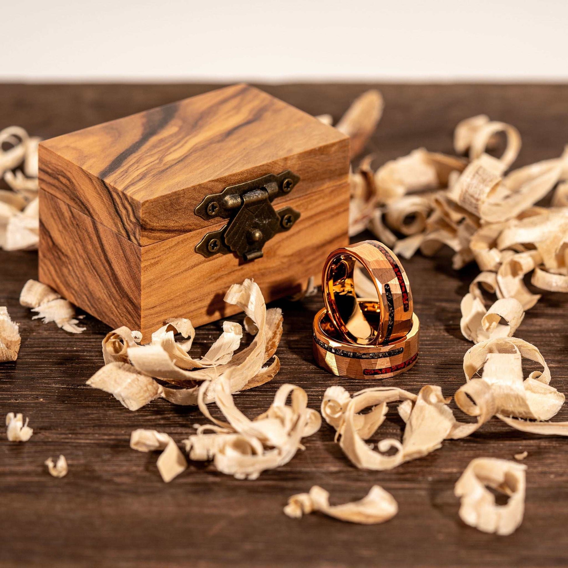 Dinosaur Bone & Meteorite Ring in wooden box with shavings, 8MM width, tungsten, limited edition.