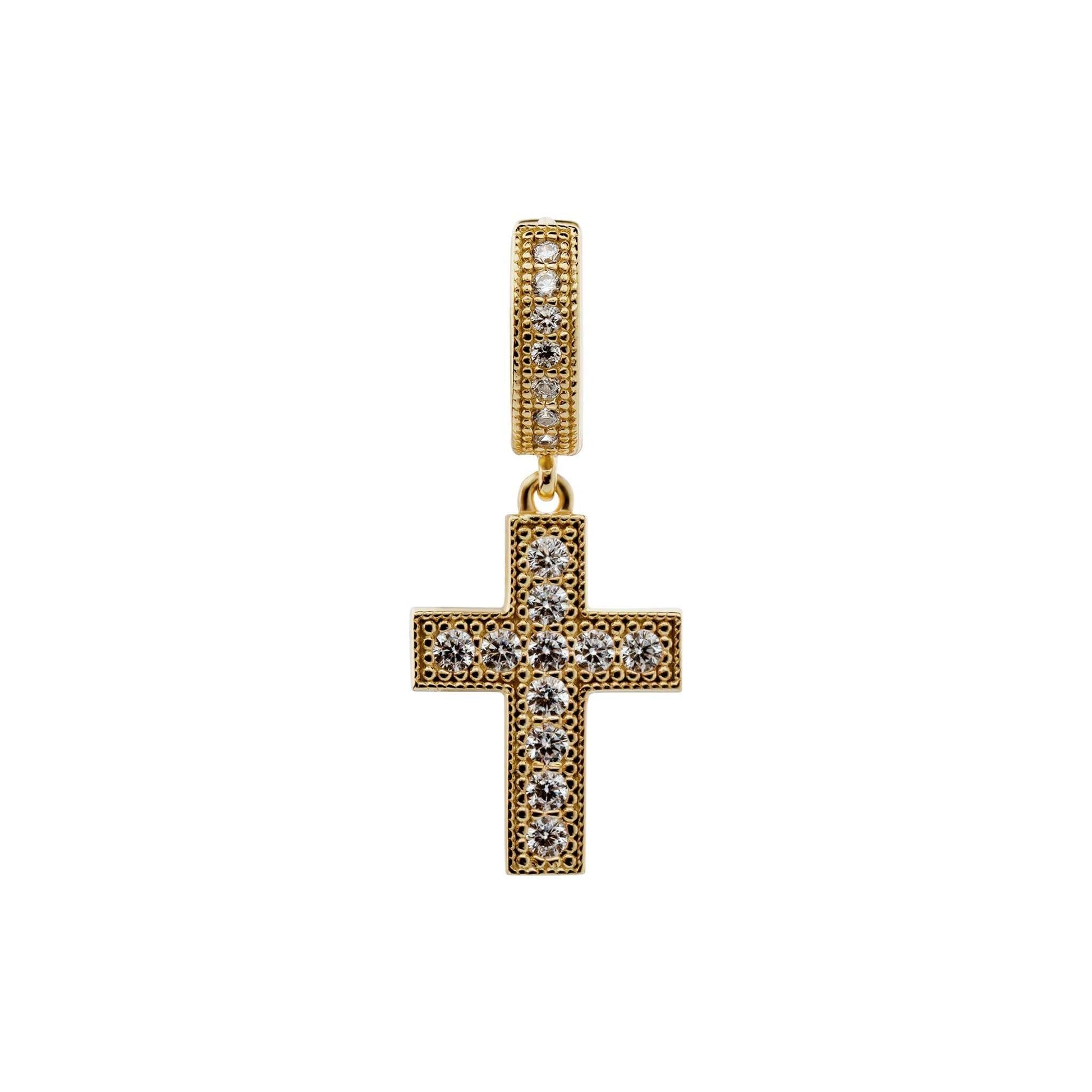 Divine Cross Earrings in 14K gold finish with clear 5A CZ stones, 925 sterling silver.