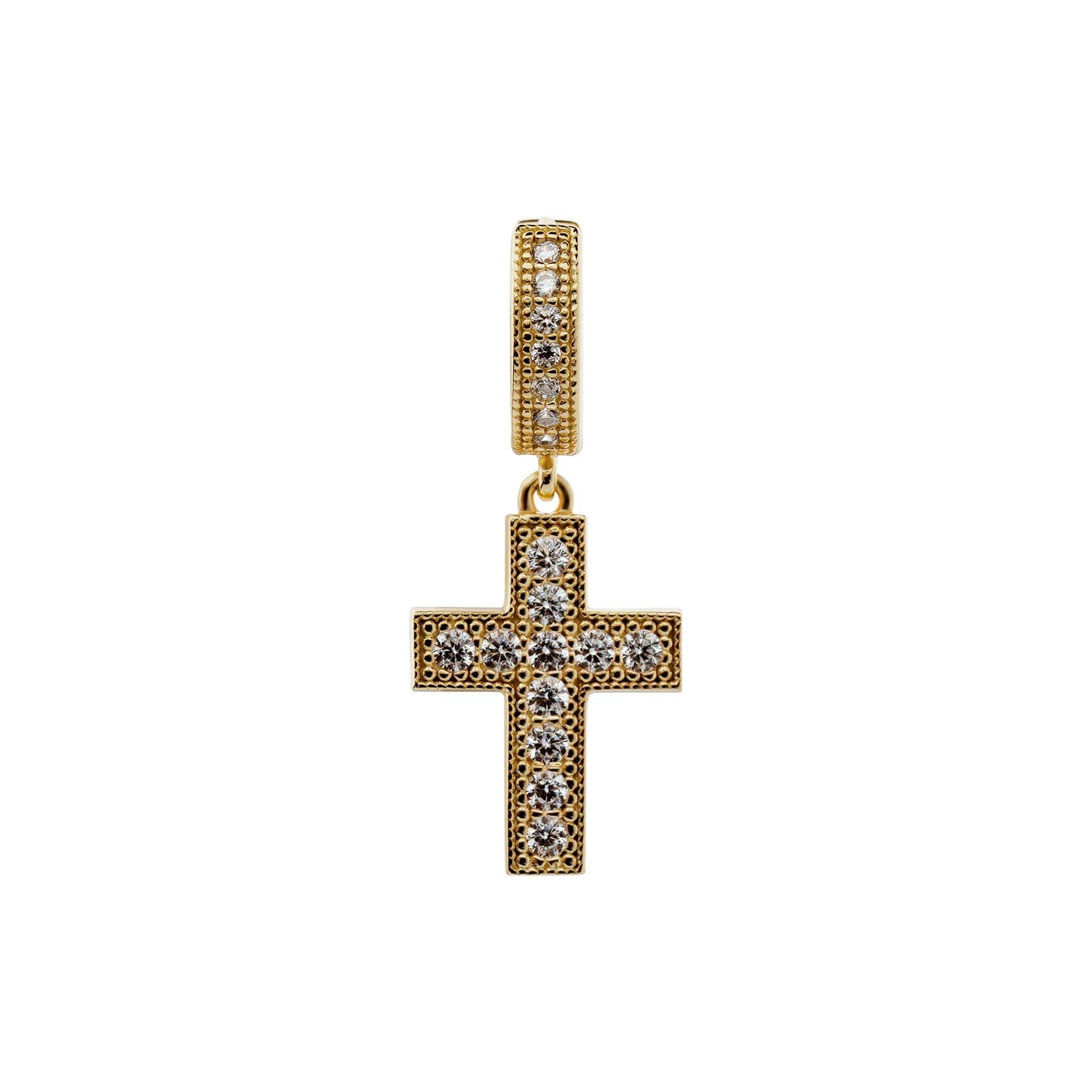 Divine Cross Earrings in 14K gold finish with clear 5A CZ stones, 925 sterling silver.