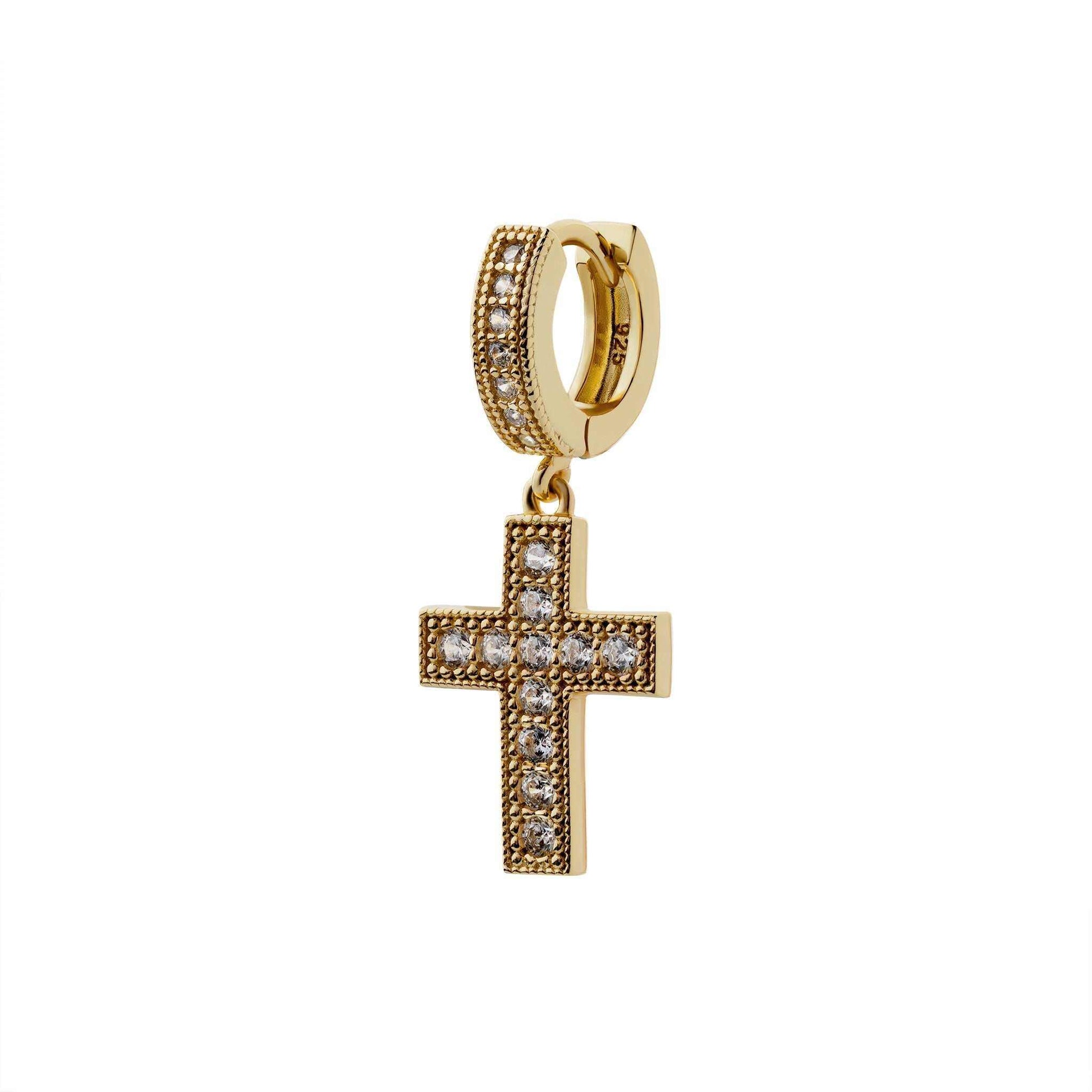 Divine Cross Earrings in 14K Gold with Clear CZ Stones, 925 Sterling Silver, Minimalist Design.