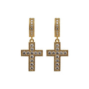 Divine Cross Earrings in 14K gold with CZ stones, minimalist design.