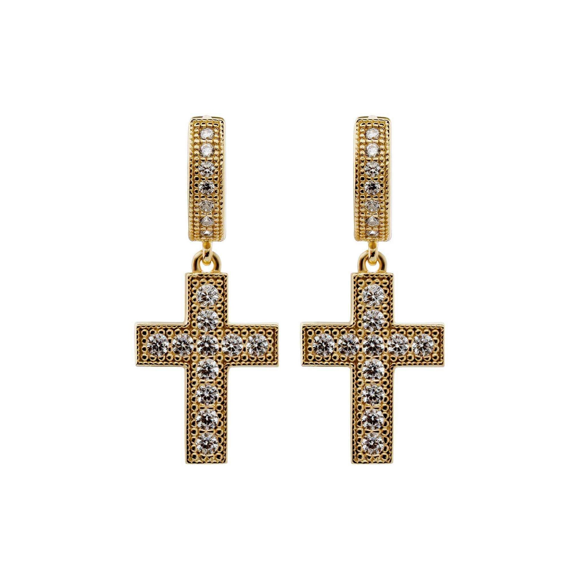 Divine Cross Earrings in 14K gold with CZ stones, minimalist design.