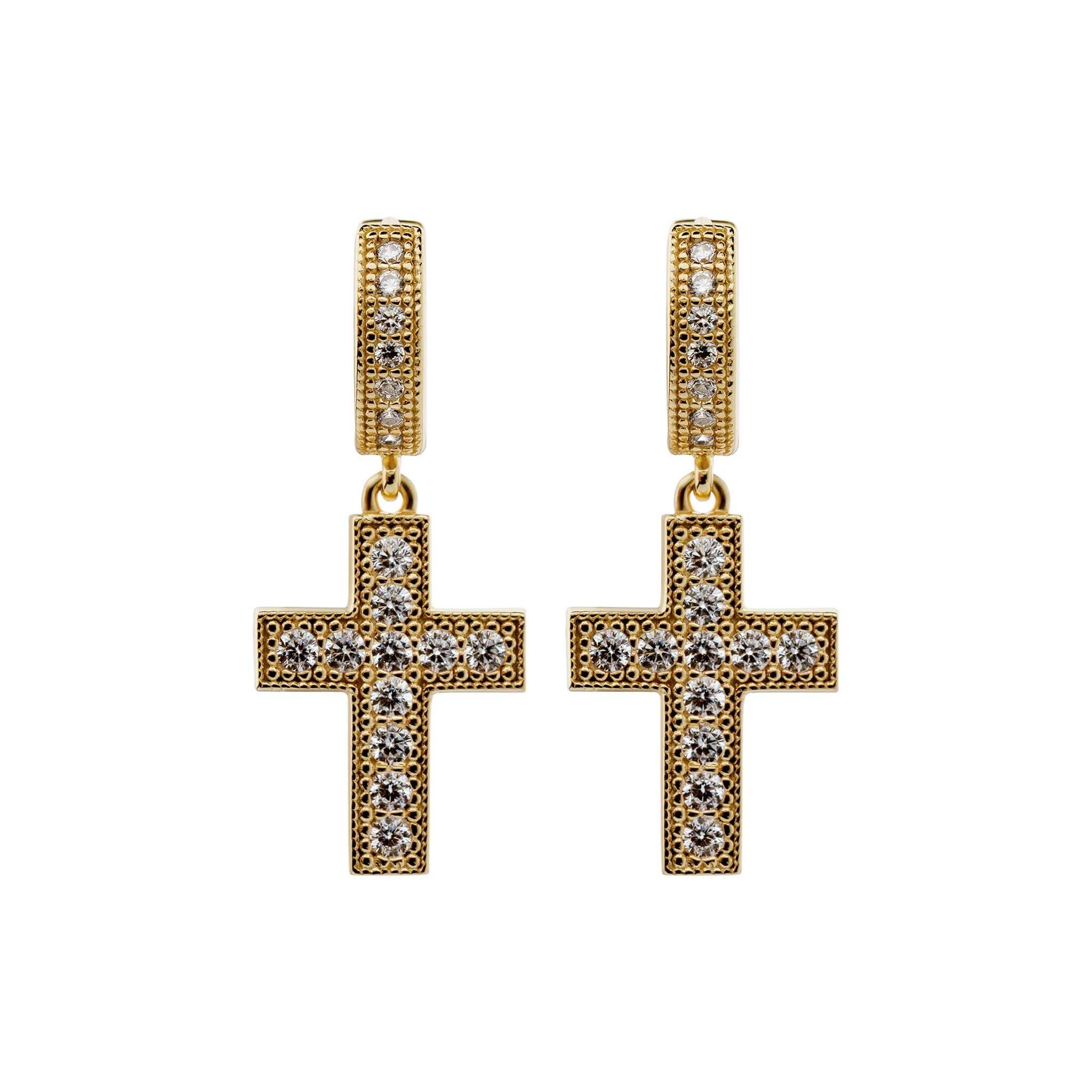 Divine Cross Earrings in 14K gold with CZ stones, minimalist design.