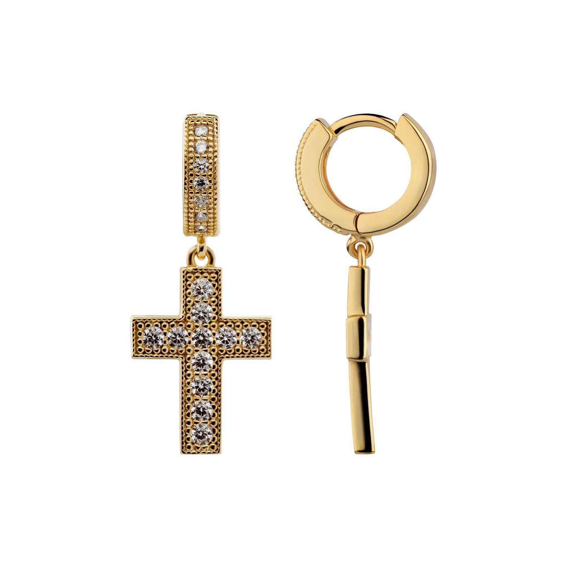 925 Sterling Silver Divine Cross Earrings with 14K Gold Finish and Clear 5A CZ Stones, Minimalist Design