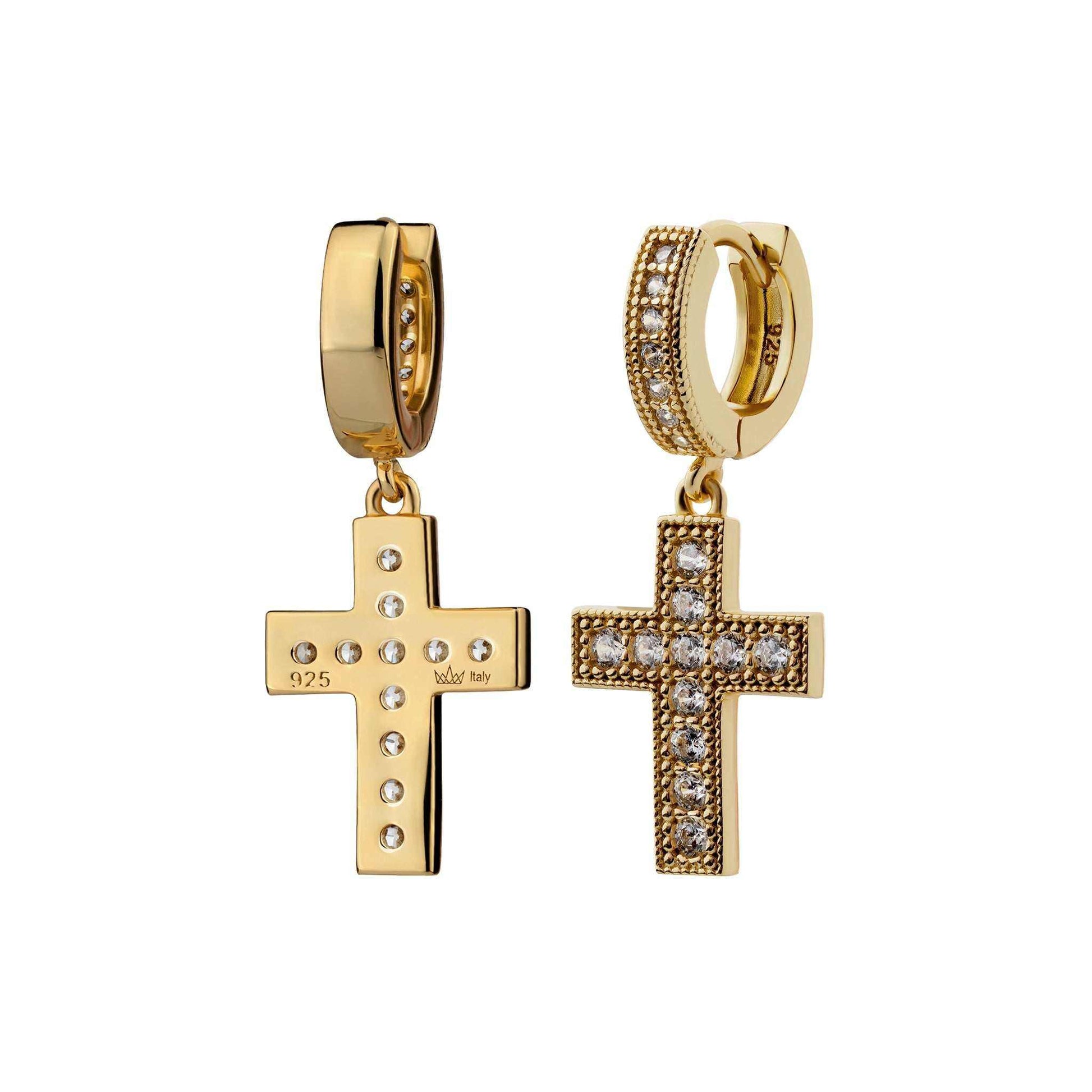 925 Sterling Silver Cross Earrings with 14K Gold Finish and Clear CZ Stones
