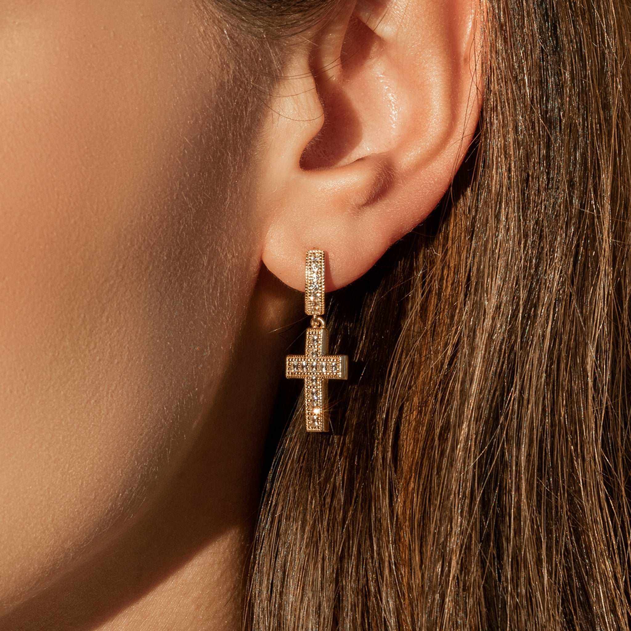 Sterling silver 14K gold Divine Cross Earrings with CZ stones.