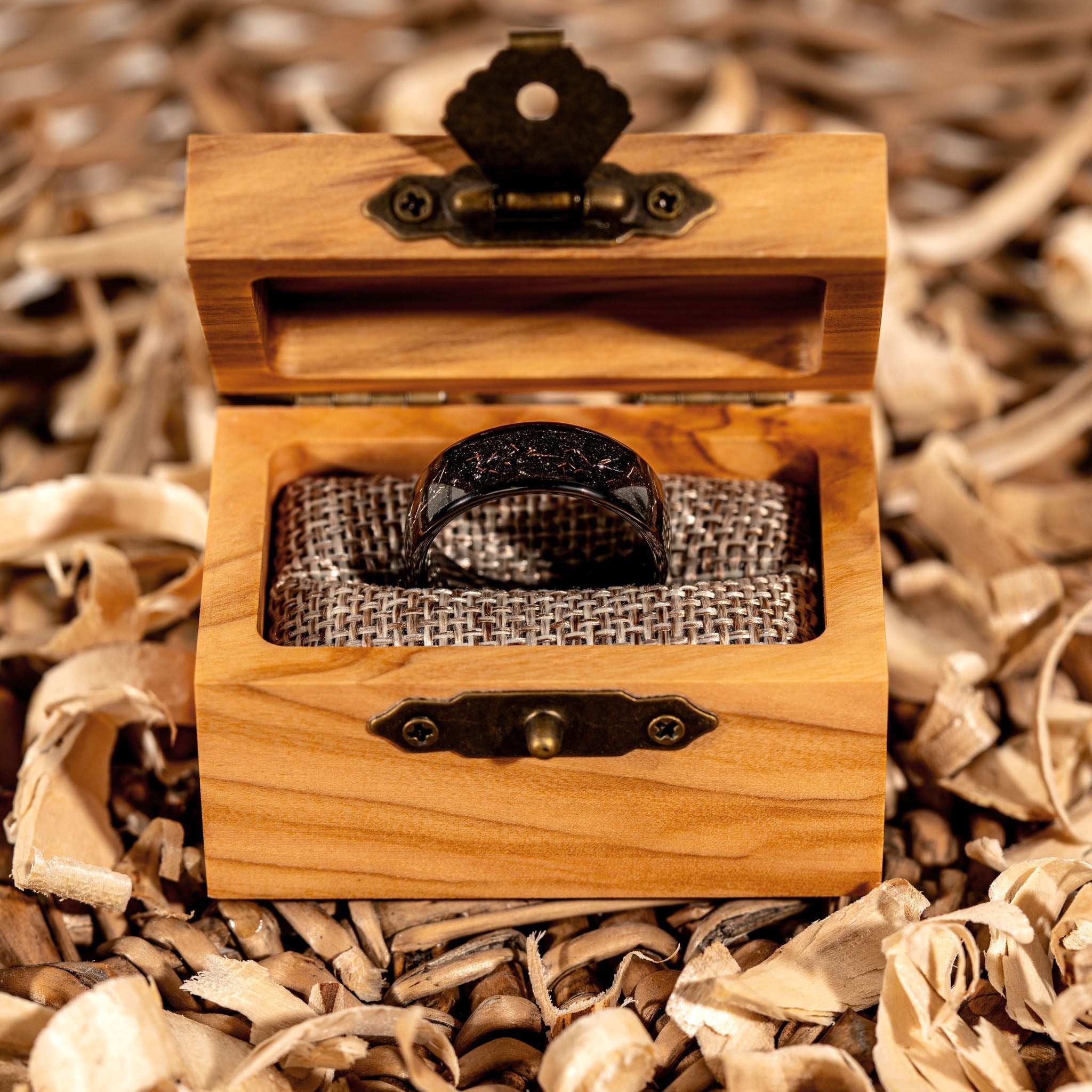 Black Eclipse Galaxy Ring in wooden box, Tungsten and Meteorite Iron.