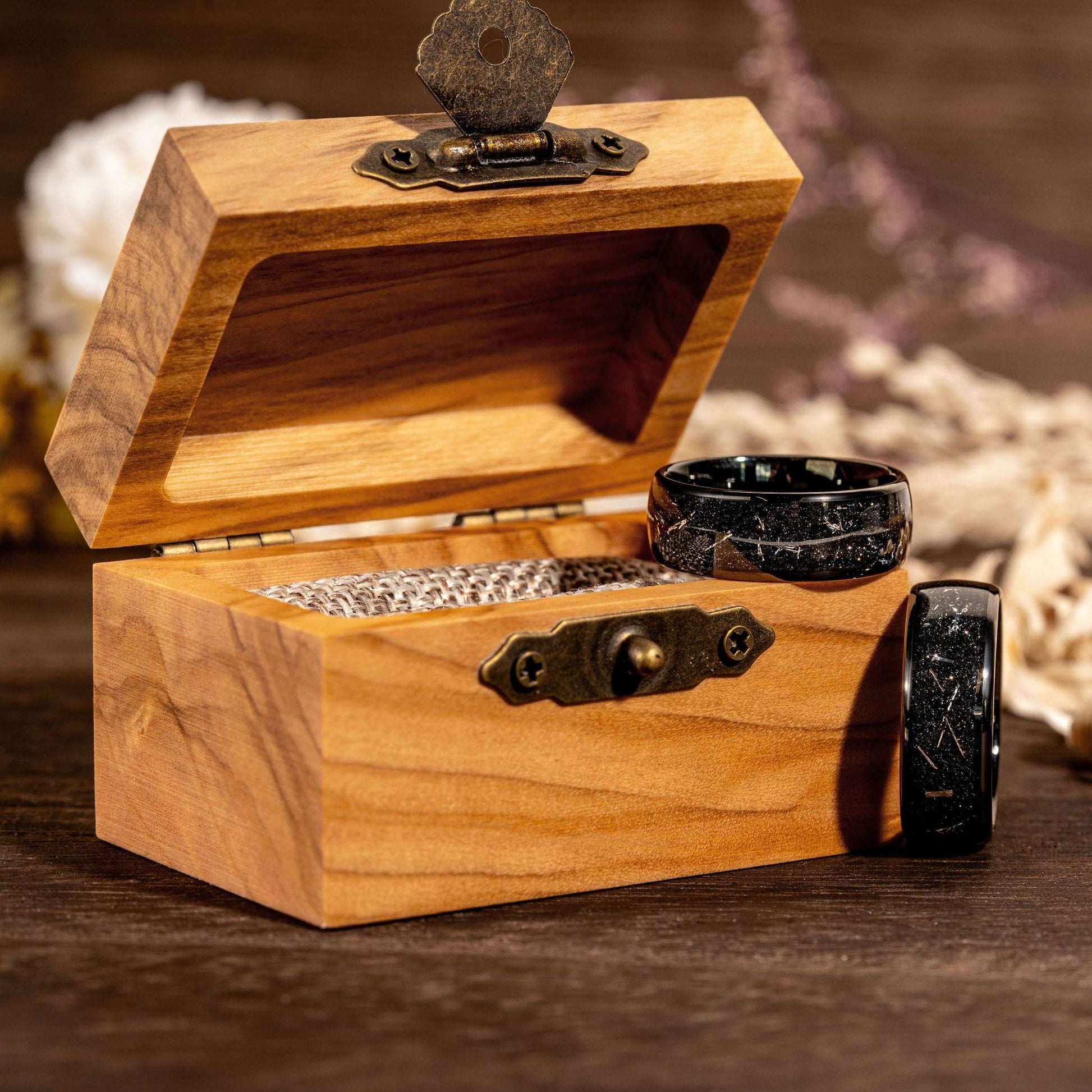 Eclipse Galaxy Ring in personalized wooden box, black tungsten and meteorite iron band.