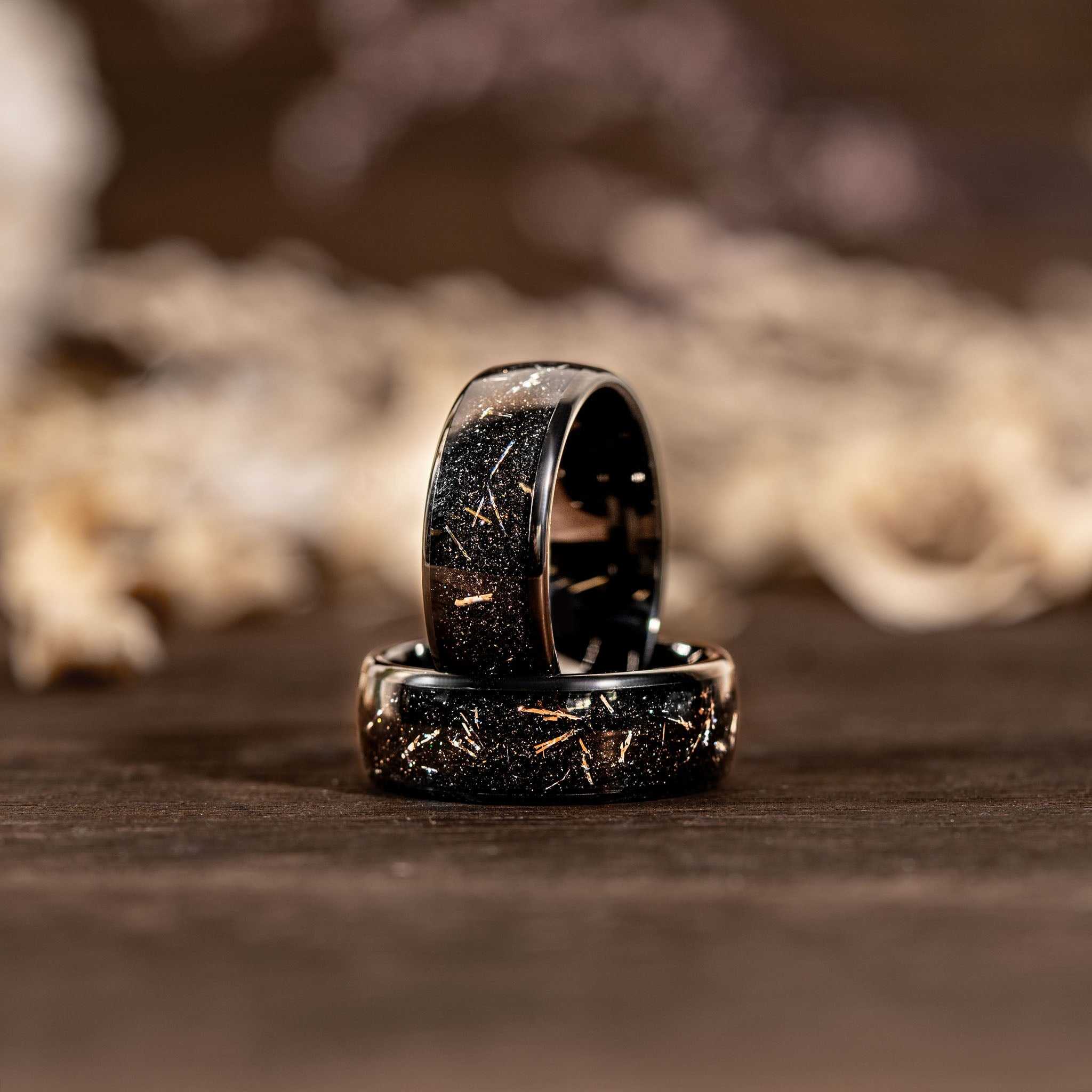 Black Meteorite Eclipse Galaxy tungsten carbide rings with cosmic inlay and high polish finish
