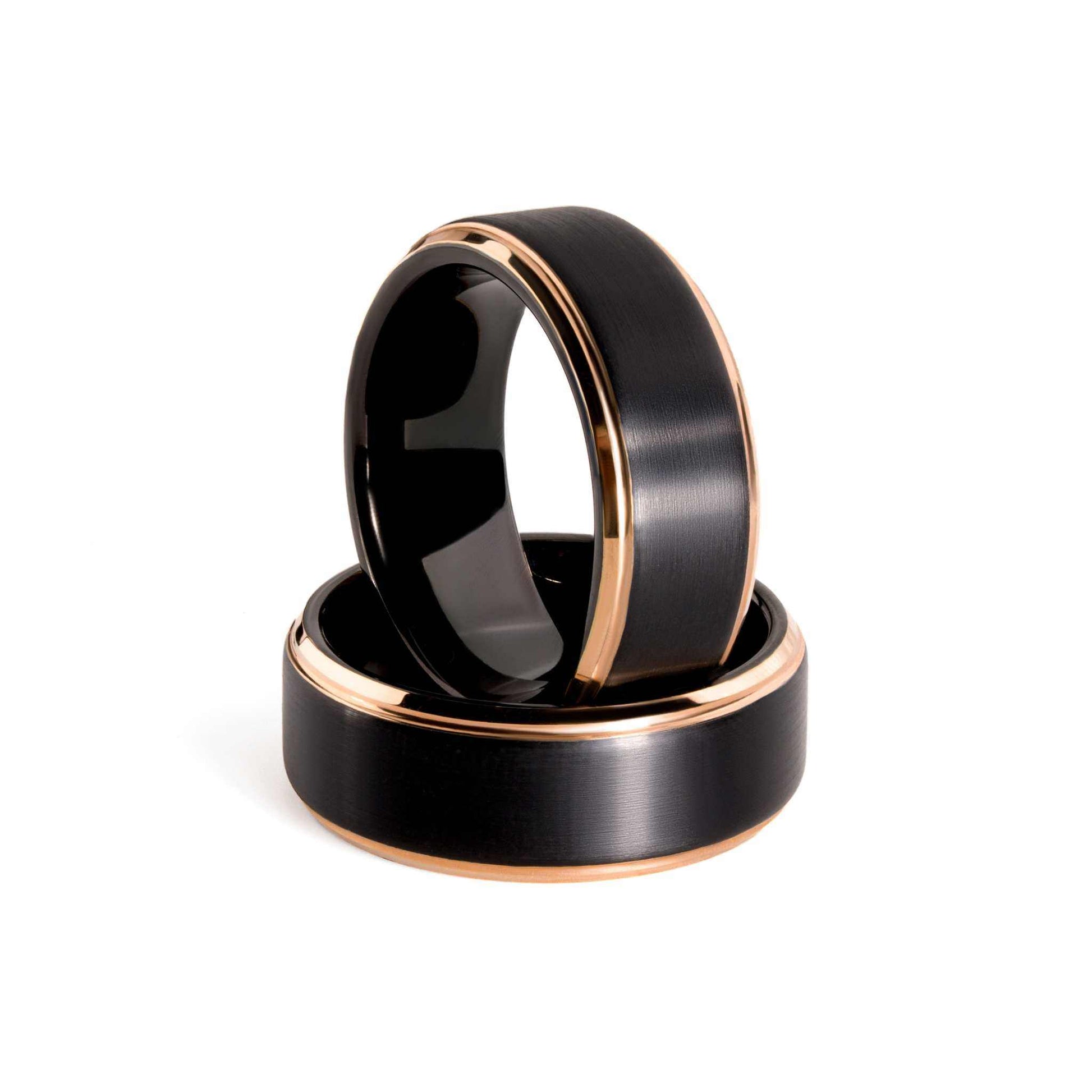 Edge Rose Gold Ring with black tungsten band, 8mm wide, 18k rose gold step edge, comfort-fit design.