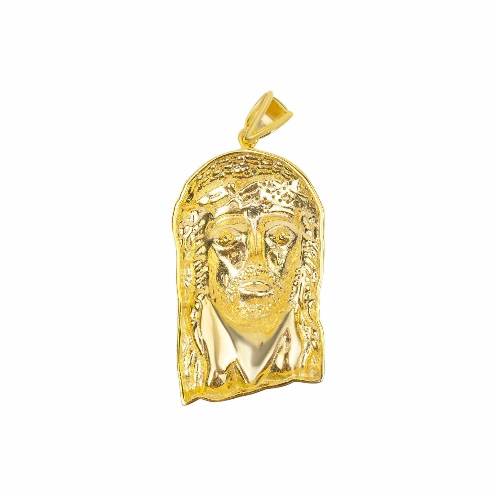 Gold Jesus piece pendant in 14K yellow gold plated sterling silver, micro-paved with 5A CZ.