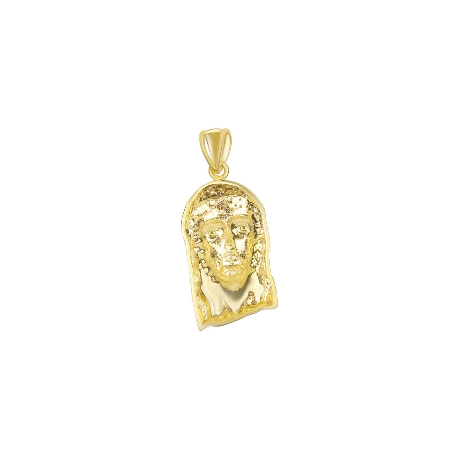 Gold Jesus piece pendant in 14K yellow gold plated sterling silver with micro-paved 5A CZ.
