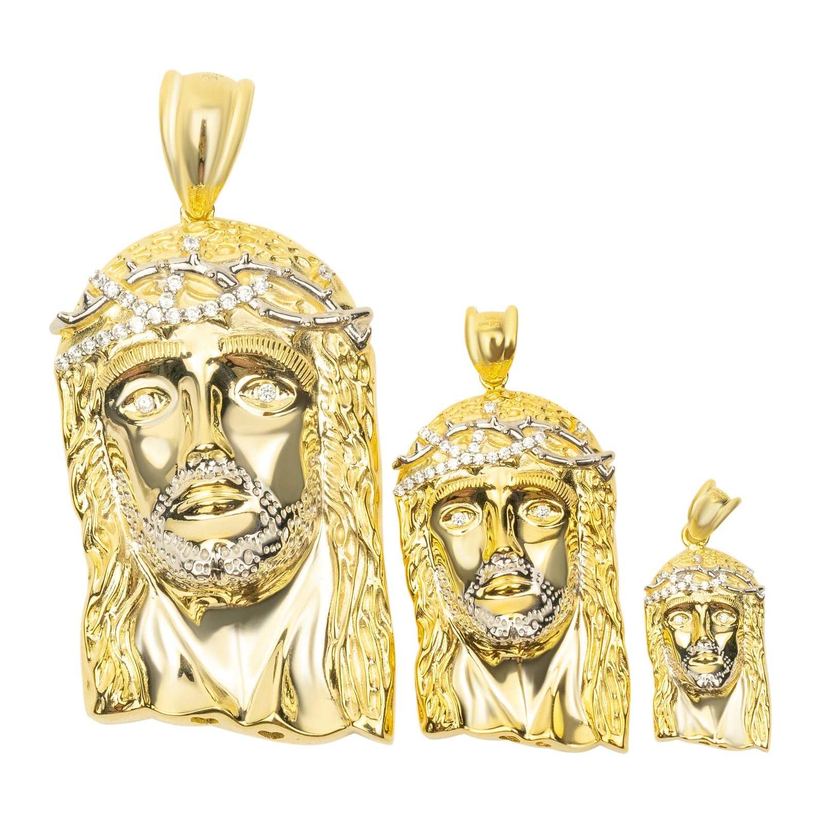 Gold Jesus Piece Pendant in 14K yellow gold plating with micro-paved CZ stones, available in three sizes.