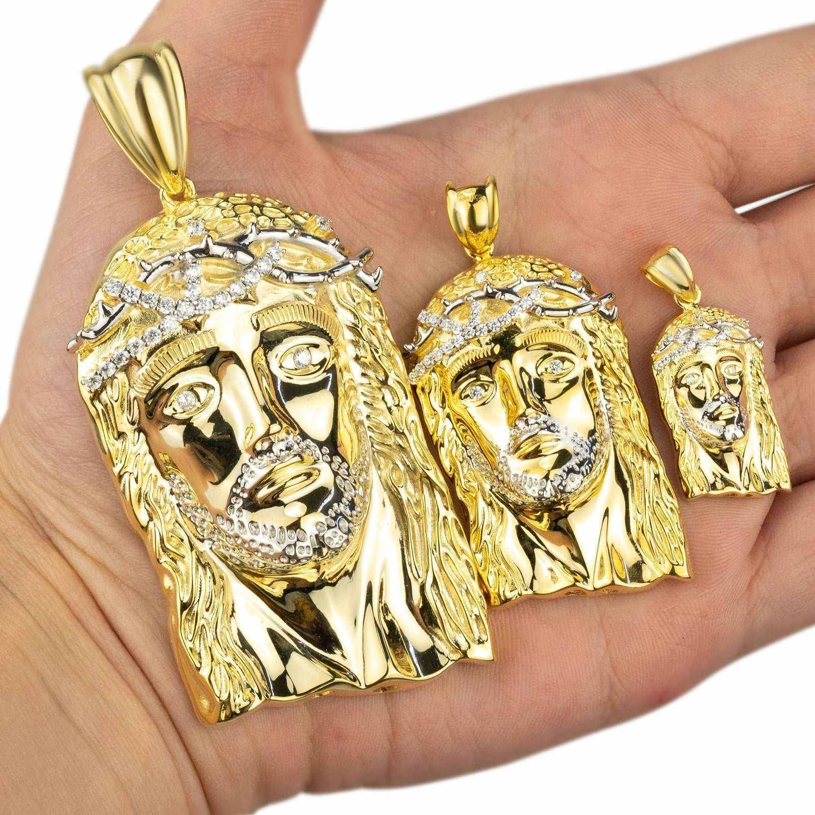 Gold Jesus Piece Pendant in three sizes on hand, 14K yellow gold plated with 5A CZ, solid 925 sterling silver.