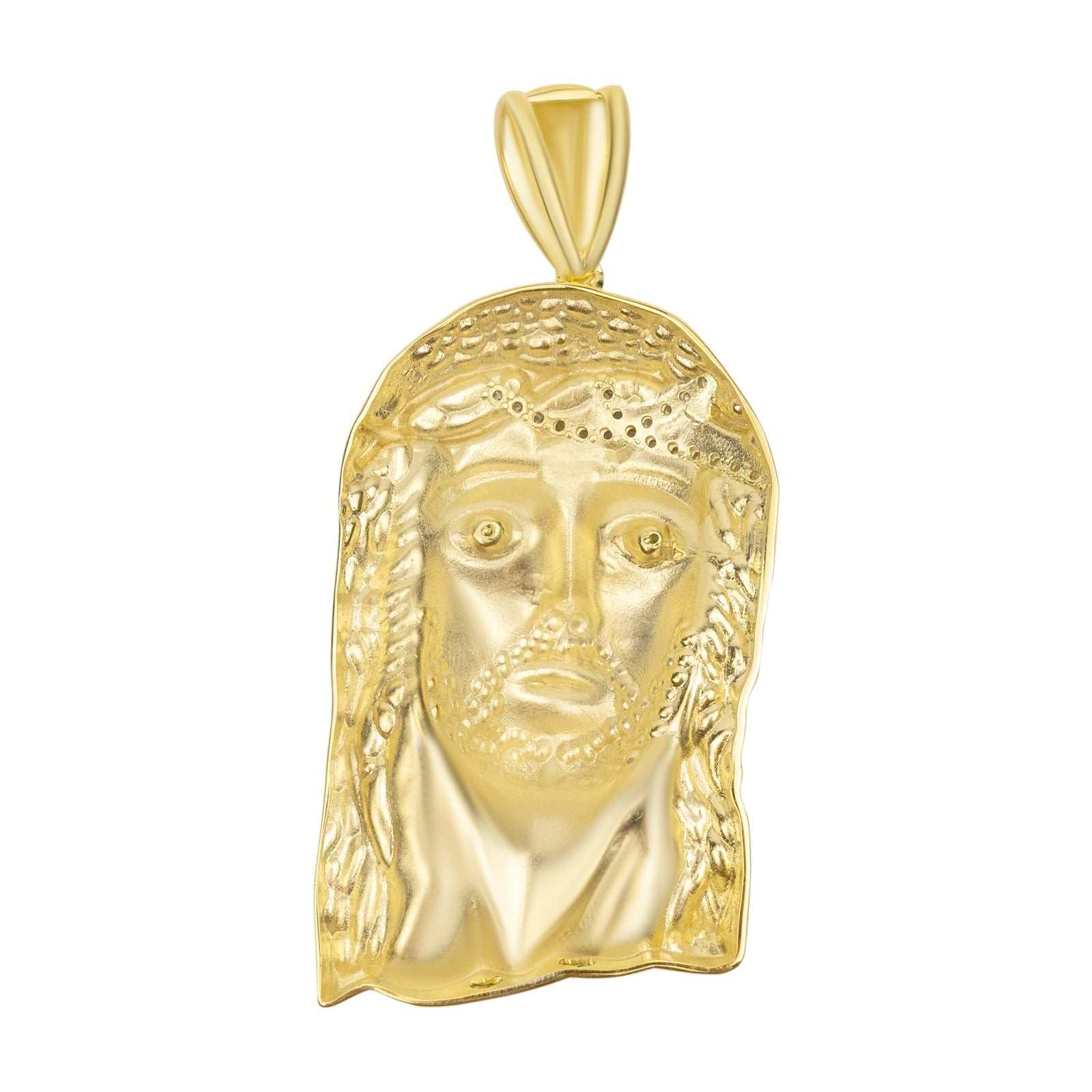 Gold Jesus piece pendant in 14K yellow gold plating, solid 925 sterling silver, micro-paved with 5A CZ.